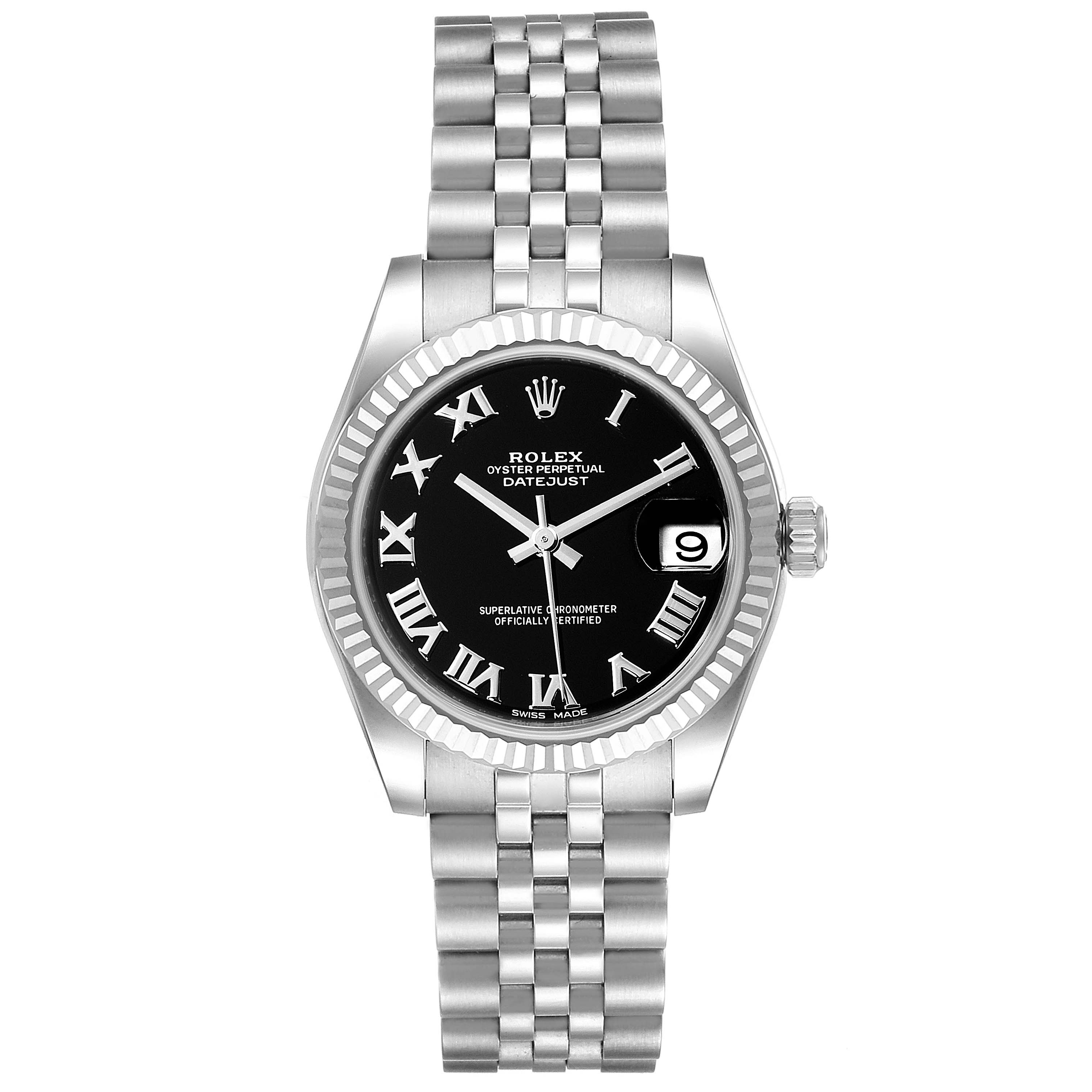 This Rolex Mid-Size 178274 Women
s Stainless Steel Black Dial 178274 Women
s Stainless Steel Black Dial Oyster Perpetual Datejust watch is shown from a front angle, highlighting the dial, bezel, and bracelet.