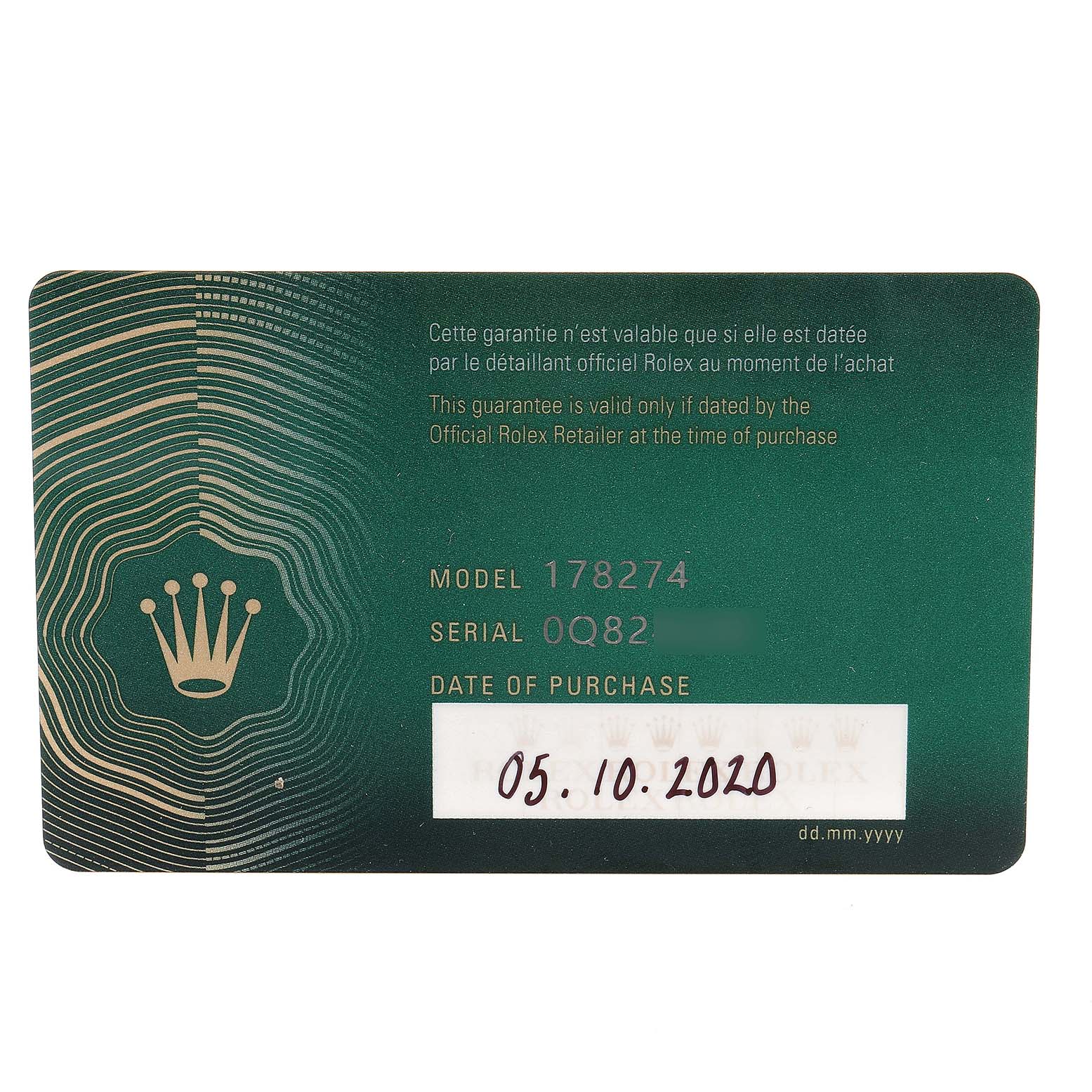 This image shows a warranty card for a Rolex Mid-Size 178274 Women
s Stainless Steel Black Dial 178274 Women
s Stainless Steel Black Dial Model 178274, including the date of purchase.