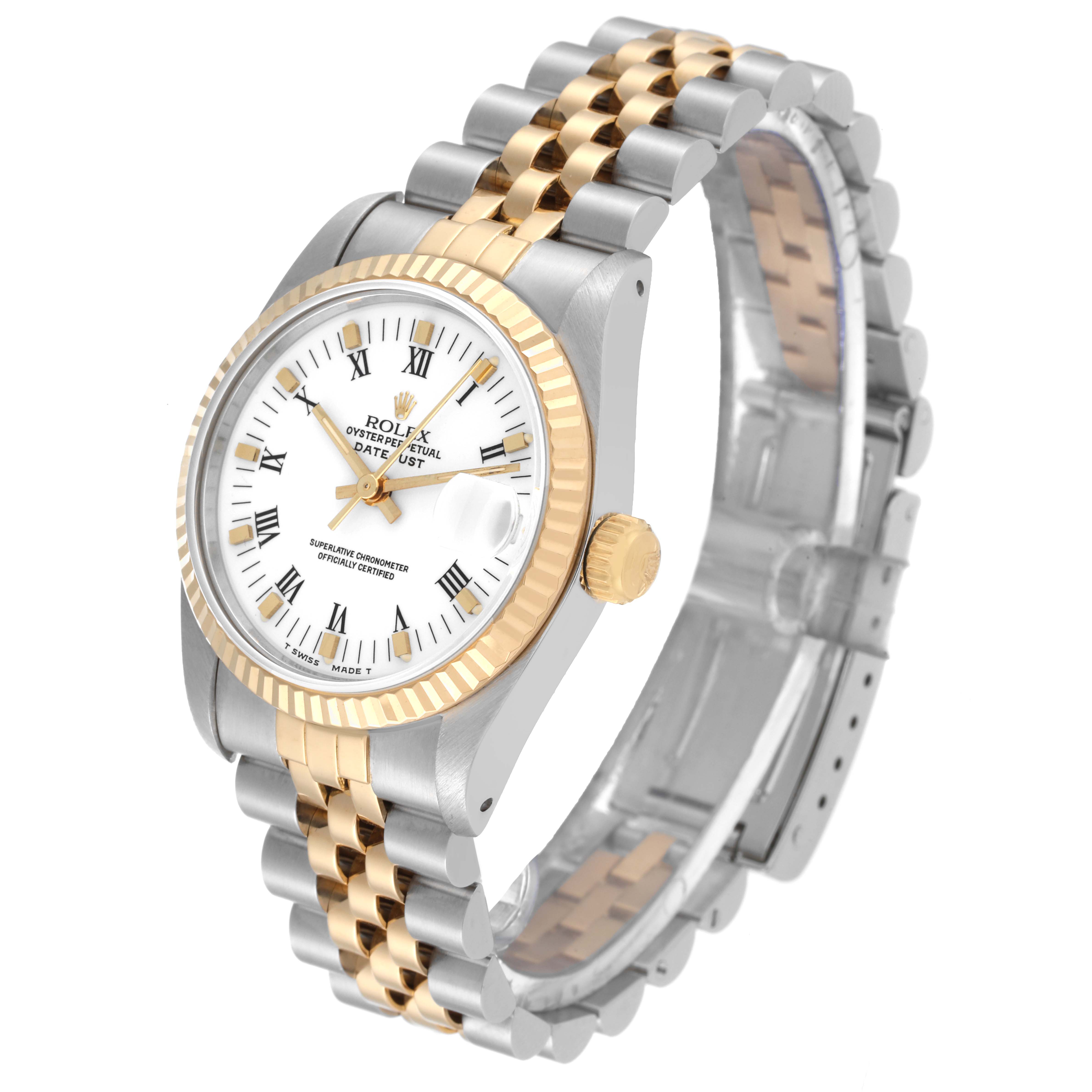 The image shows a Rolex Mid-Size 68273 Women
s Steel and Gold (two tone) White Dial 68273 Women
s Steel and Gold (two tone) White Dial Datejust watch at a slight angle, highlighting its two-tone metal bracelet, face, and crown.
