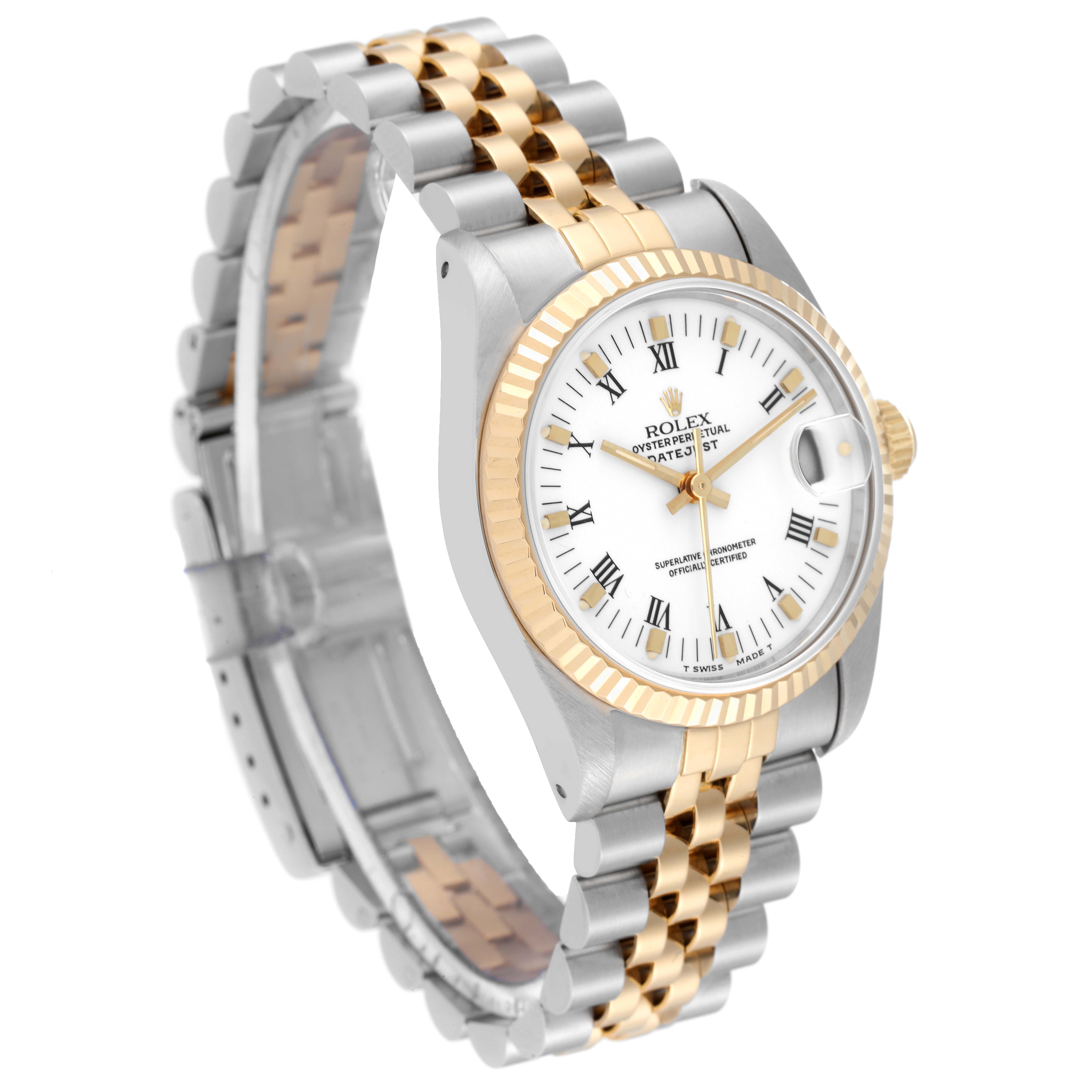 The image shows a Rolex Mid-Size 68273 Women
s Steel and Gold (two tone) White Dial 68273 Women
s Steel and Gold (two tone) White Dial watch at a three-quarter angle, highlighting its two-tone bracelet, white dial, and fluted bezel.