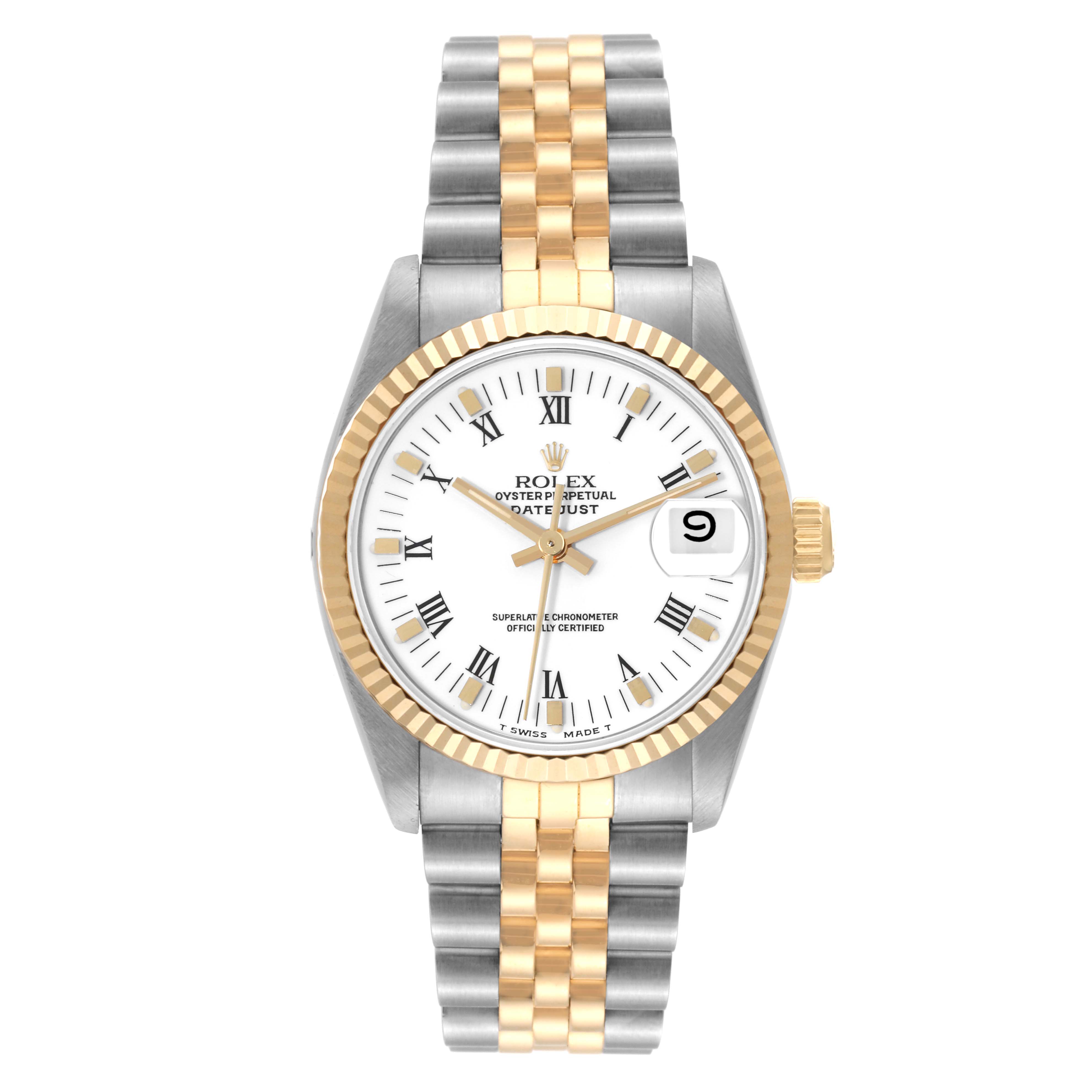 The Rolex Datejust Mid-Size watch is shown from a front angle, displaying the dial, bezel, and bracelet.