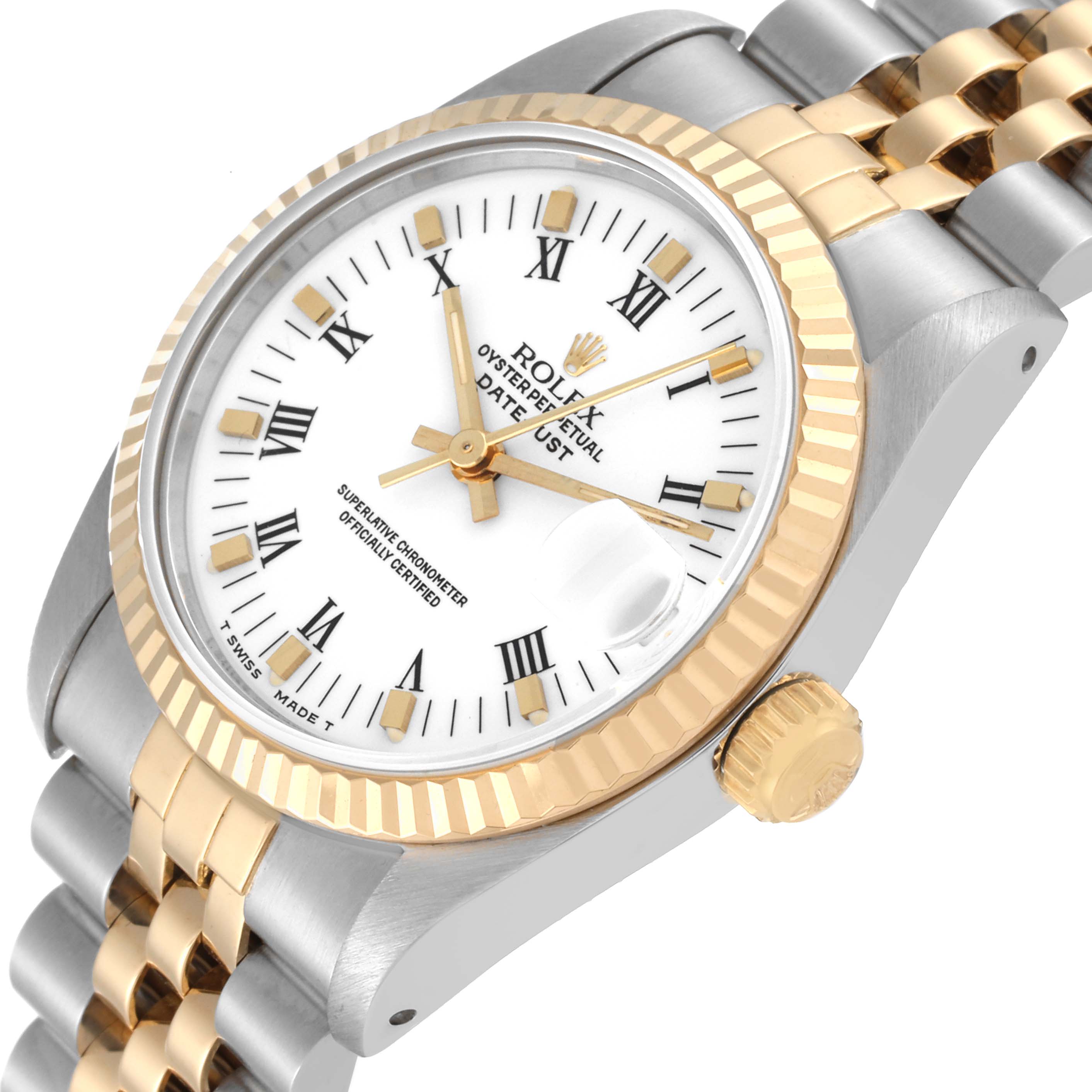 The Rolex Mid-Size 68273 Women
s Steel and Gold (two tone) White Dial 68273 Women
s Steel and Gold (two tone) White Dial model watch is shown at an oblique angle, displaying its bezel, crown, dial, and bracelet.