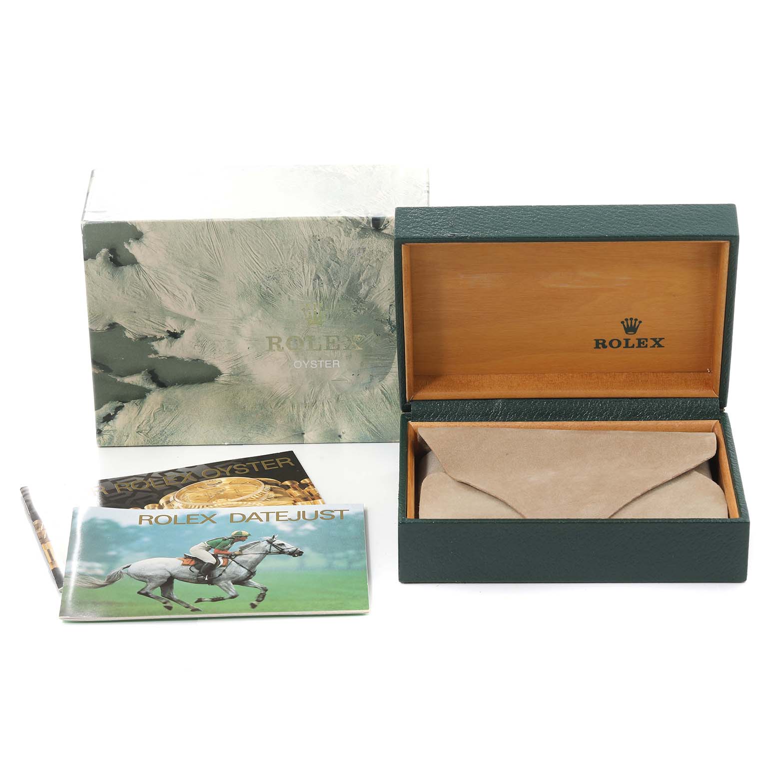 The image shows the packaging and accessories for a Rolex Mid-Size 68273 Women
s Steel and Gold (two tone) White Dial 68273 Women
s Steel and Gold (two tone) White Dial watch, including the box, manual, and warranty card.