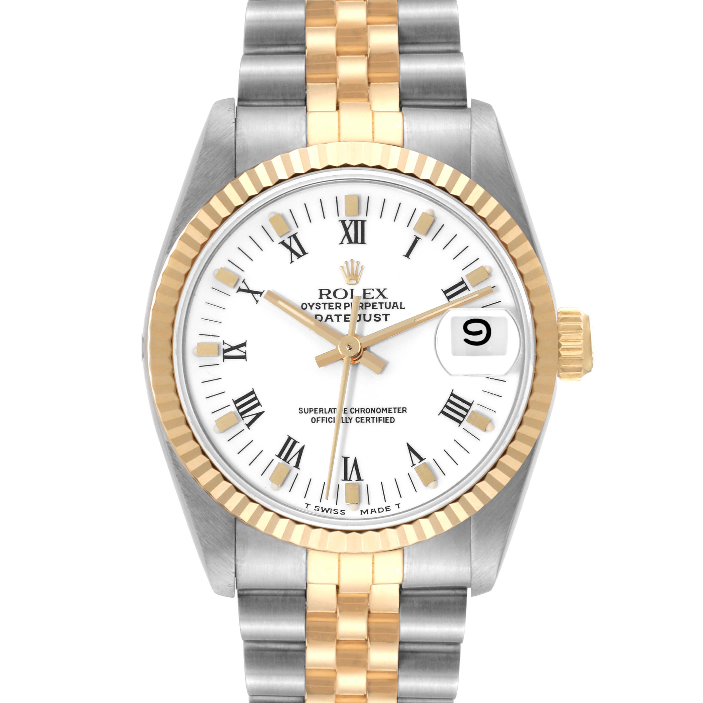 This image shows a Rolex Mid-Size 68273 Women
s Steel and Gold (two tone) White Dial 68273 Women
s Steel and Gold (two tone) White Dial Datejust watch from the front, highlighting the dial, bezel, crown, and bracelet.