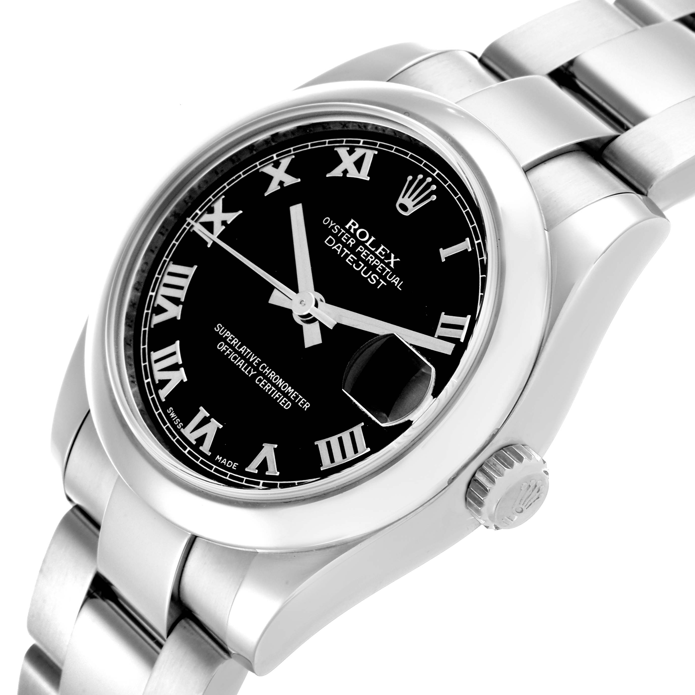 The Rolex Datejust Mid-Size watch is shown from an angled side view, displaying the dial, crown, and part of the bracelet.