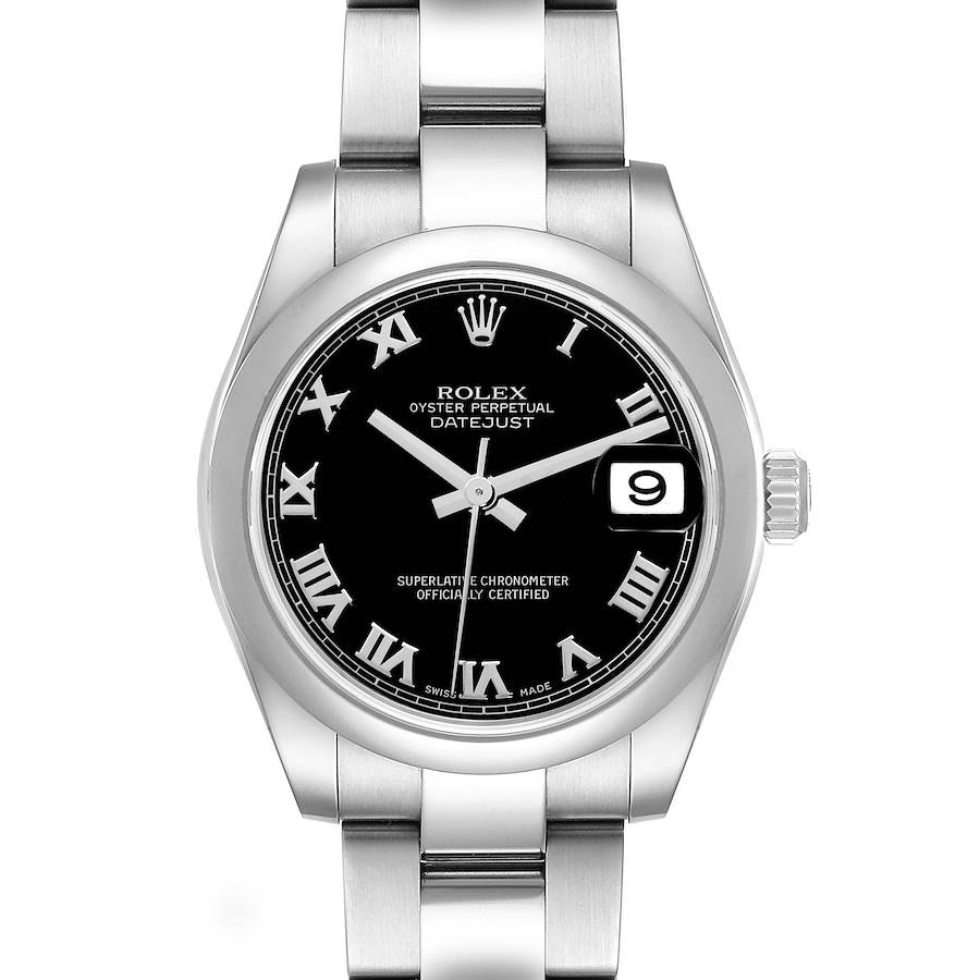 The Rolex Mid-Size Oyster Perpetual Datejust is shown from the front, displaying its face, bezel, date window, and bracelet.