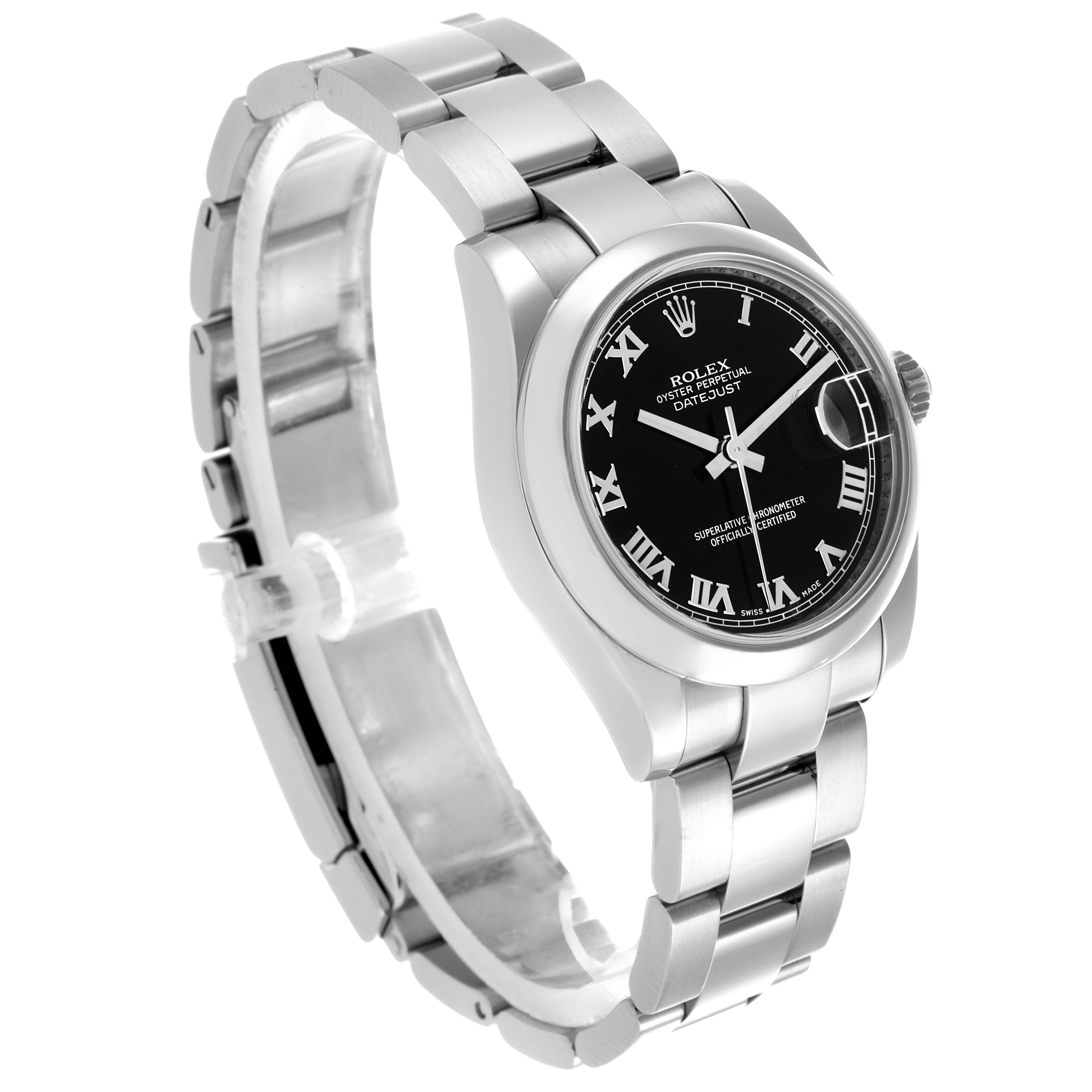 The Rolex Mid-Size 178240 Women's Stainless Steel Black Dial 178240 Women's Stainless Steel Black Dial Datejust watch is shown at a three-quarter angle, displaying its bracelet, bezel, and black dial with Roman numerals.