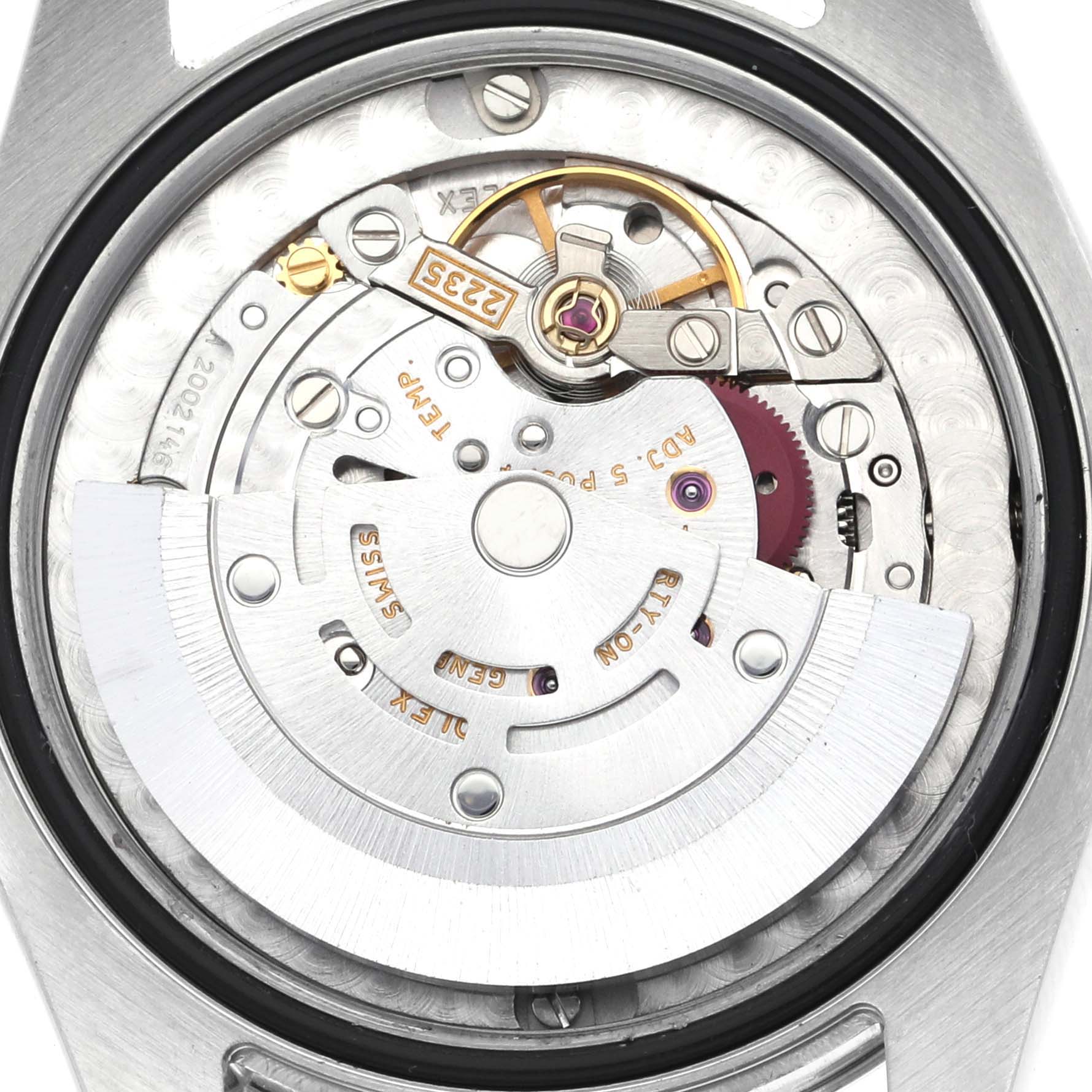 The image shows the internal movement mechanism of a Rolex Mid-Size 178240 Women's Stainless Steel Black Dial 178240 Women's Stainless Steel Black Dial watch from a rear angle.