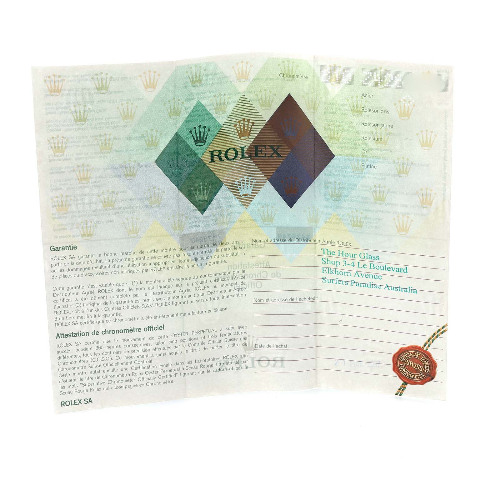 The image shows a guarantee certificate for a Rolex Mid-Size 178240 Women's Stainless Steel Black Dial 178240 Women's Stainless Steel Black Dial watch, featuring brand logos and text.