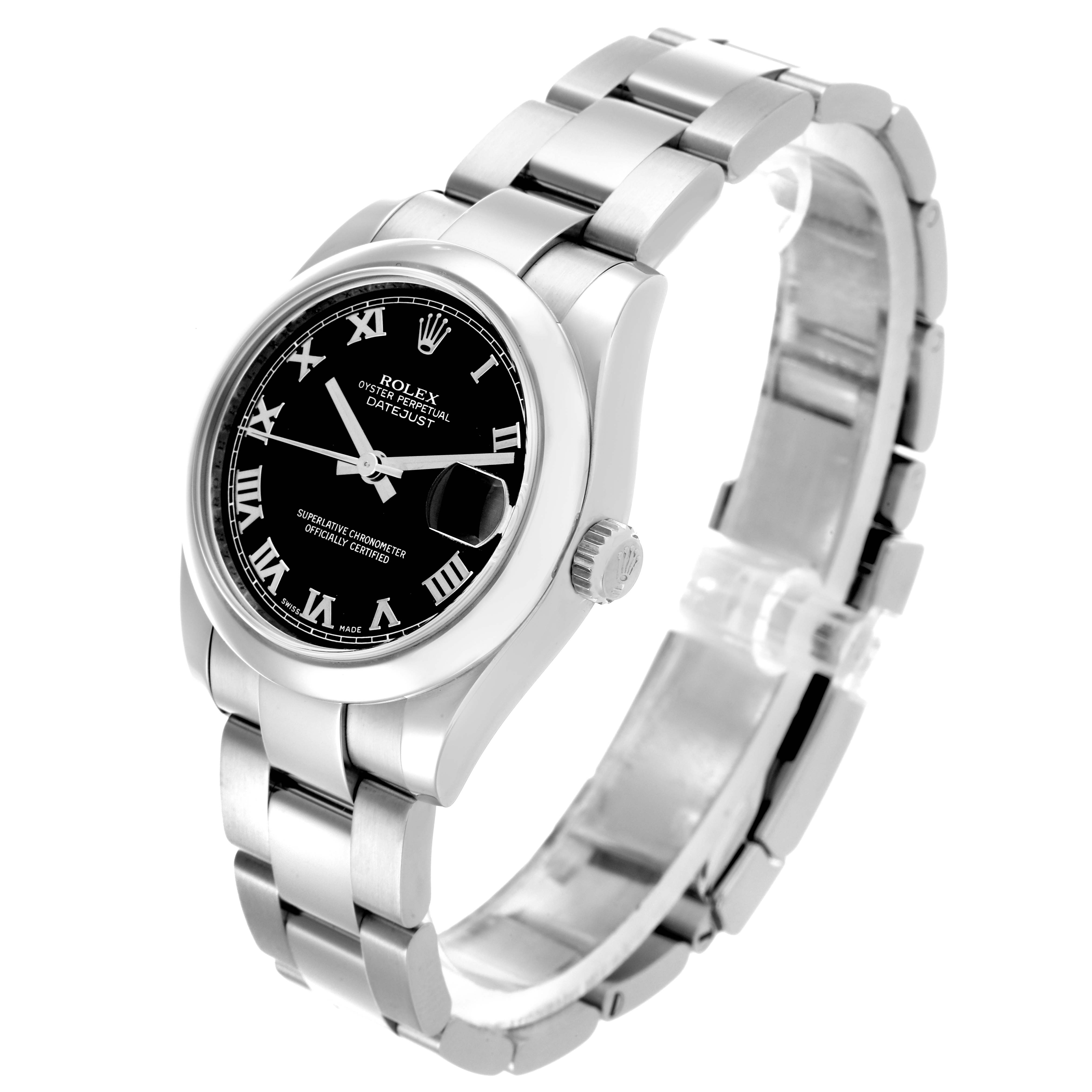 The Rolex Mid-Size 178240 Women's Stainless Steel Black Dial 178240 Women's Stainless Steel Black Dial watch is shown at a slight angle, highlighting the black dial, stainless steel case, and bracelet.