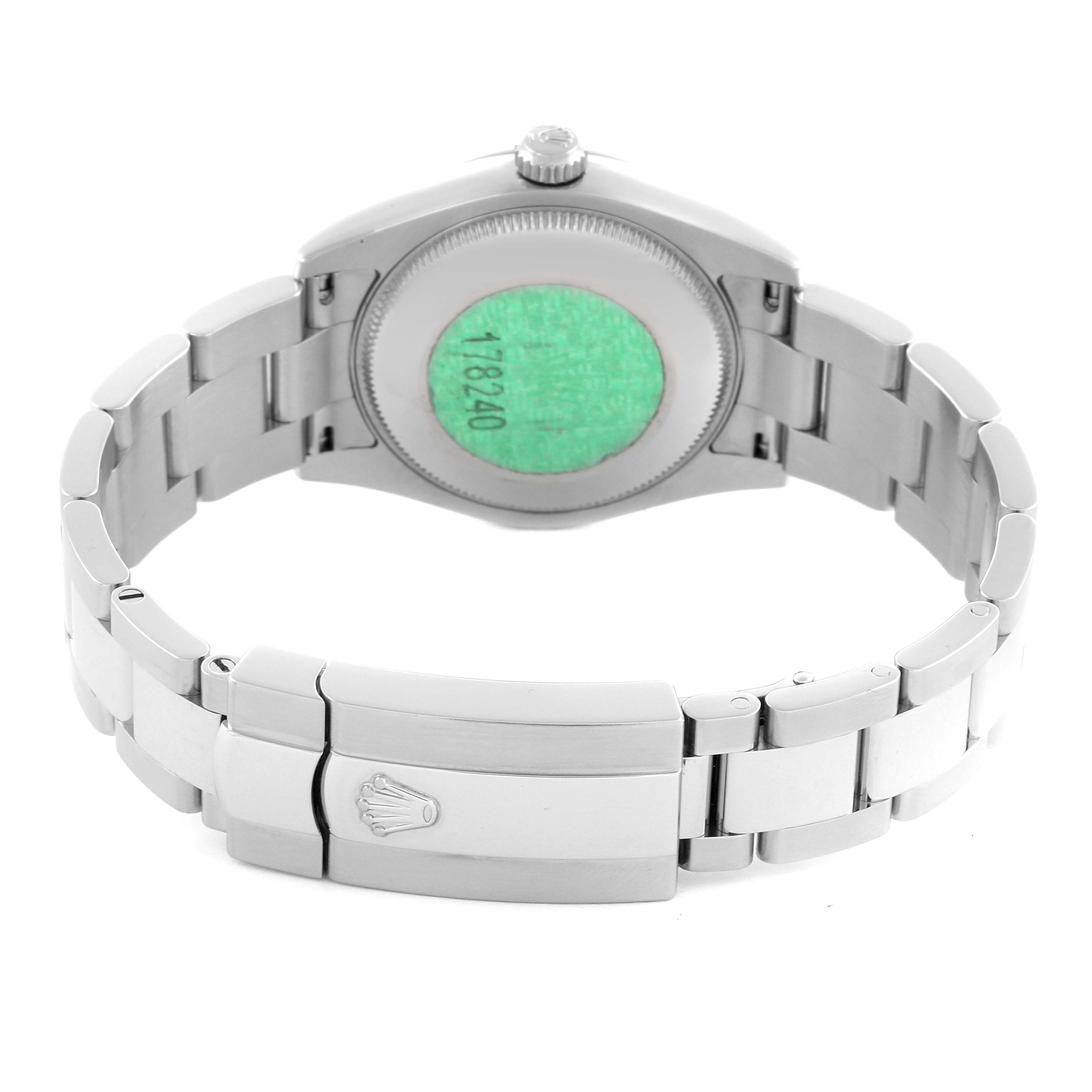 The Rolex Mid-Size 178240 Women's Stainless Steel Black Dial 178240 Women's Stainless Steel Black Dial watch is shown from the back, displaying the case back, bracelet, and clasp with the logo.