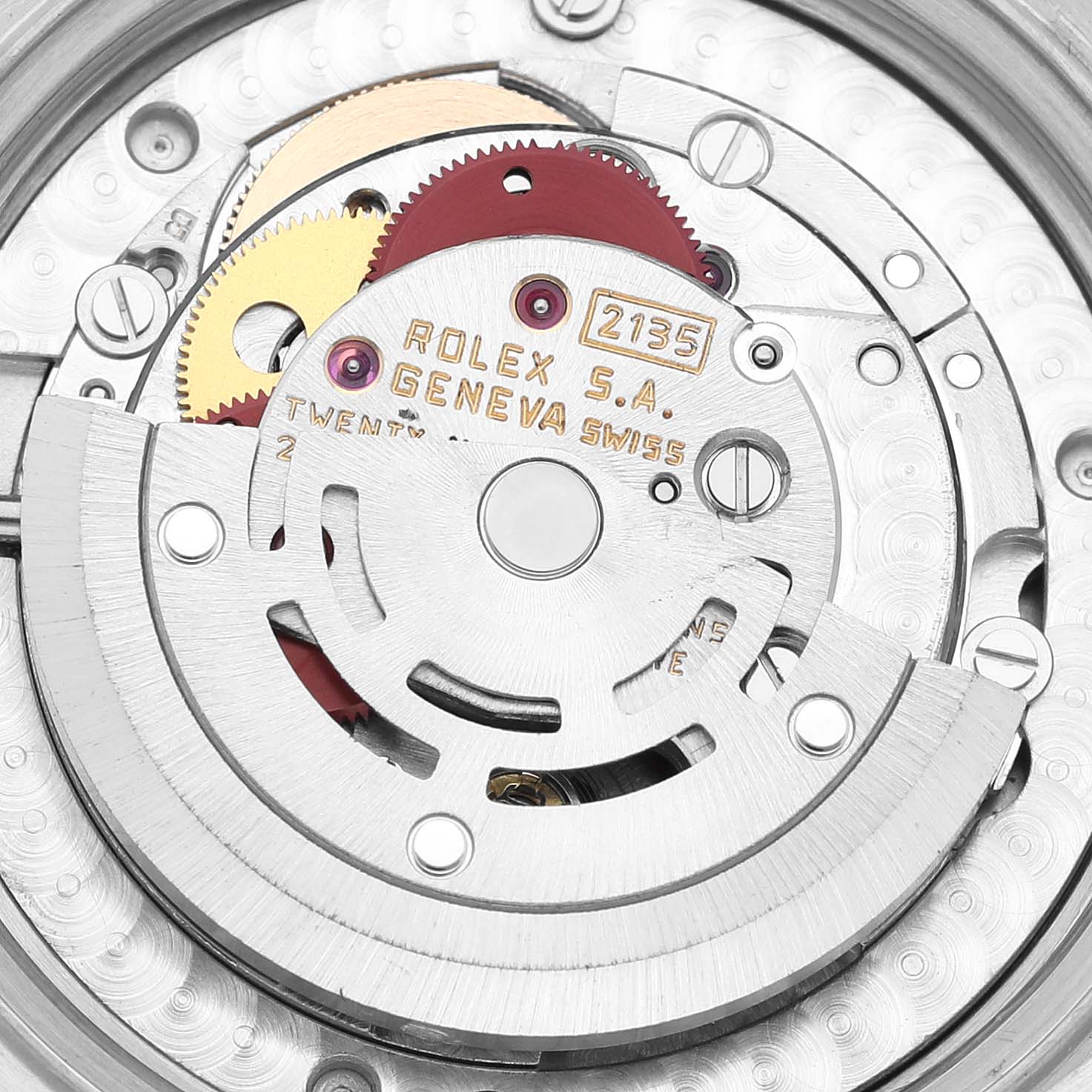 The image shows a close-up view of the internal movement mechanism of a Rolex Mid-Size 68273 Women
s Steel and Gold (two tone) Champagne Dial 68273 Women
s Steel and Gold (two tone) Champagne Dial model.
