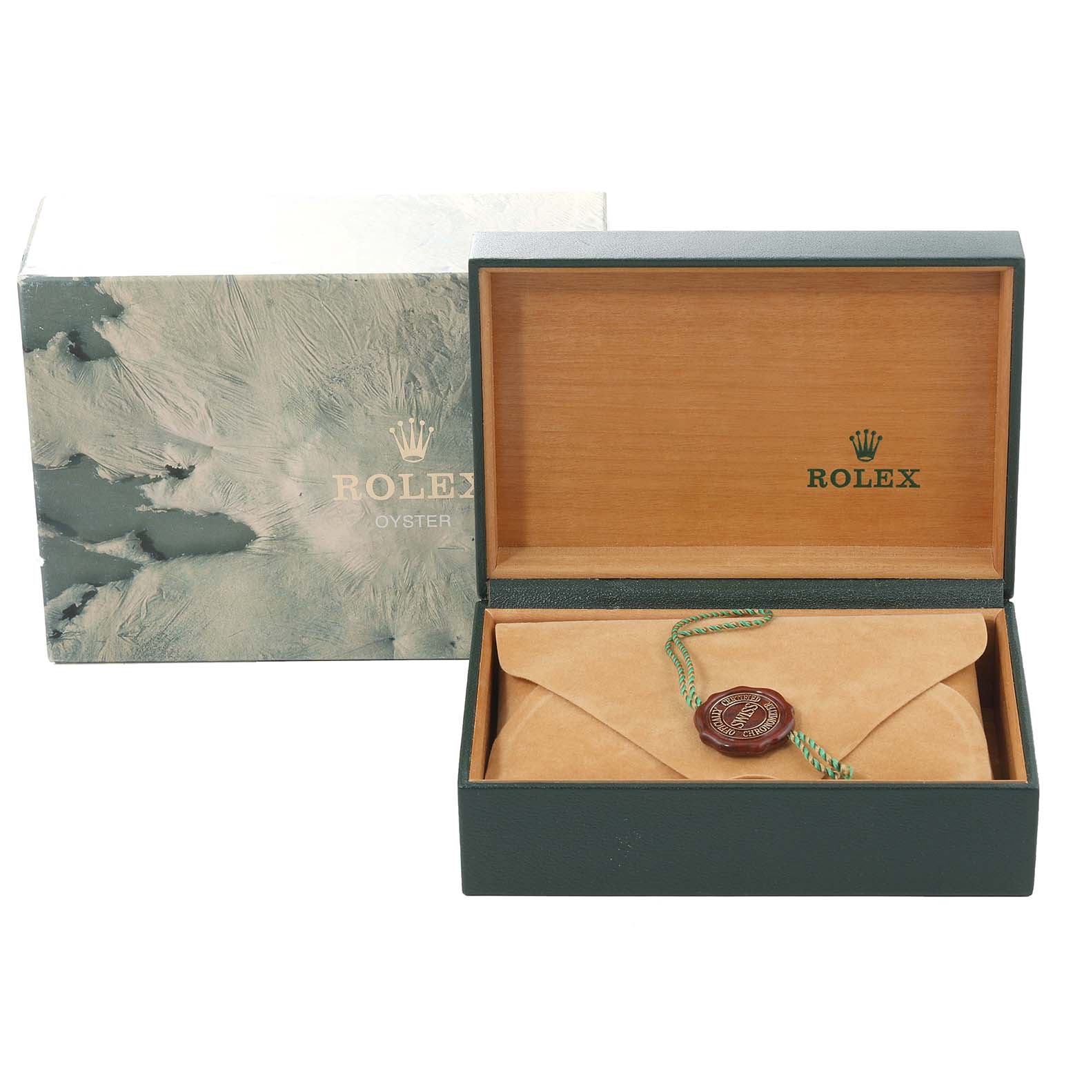 The image shows a Rolex Mid-Size 68273 Women
s Steel and Gold (two tone) Champagne Dial 68273 Women
s Steel and Gold (two tone) Champagne Dial model box and packaging, including an outer box, inner box, and sealed envelope.