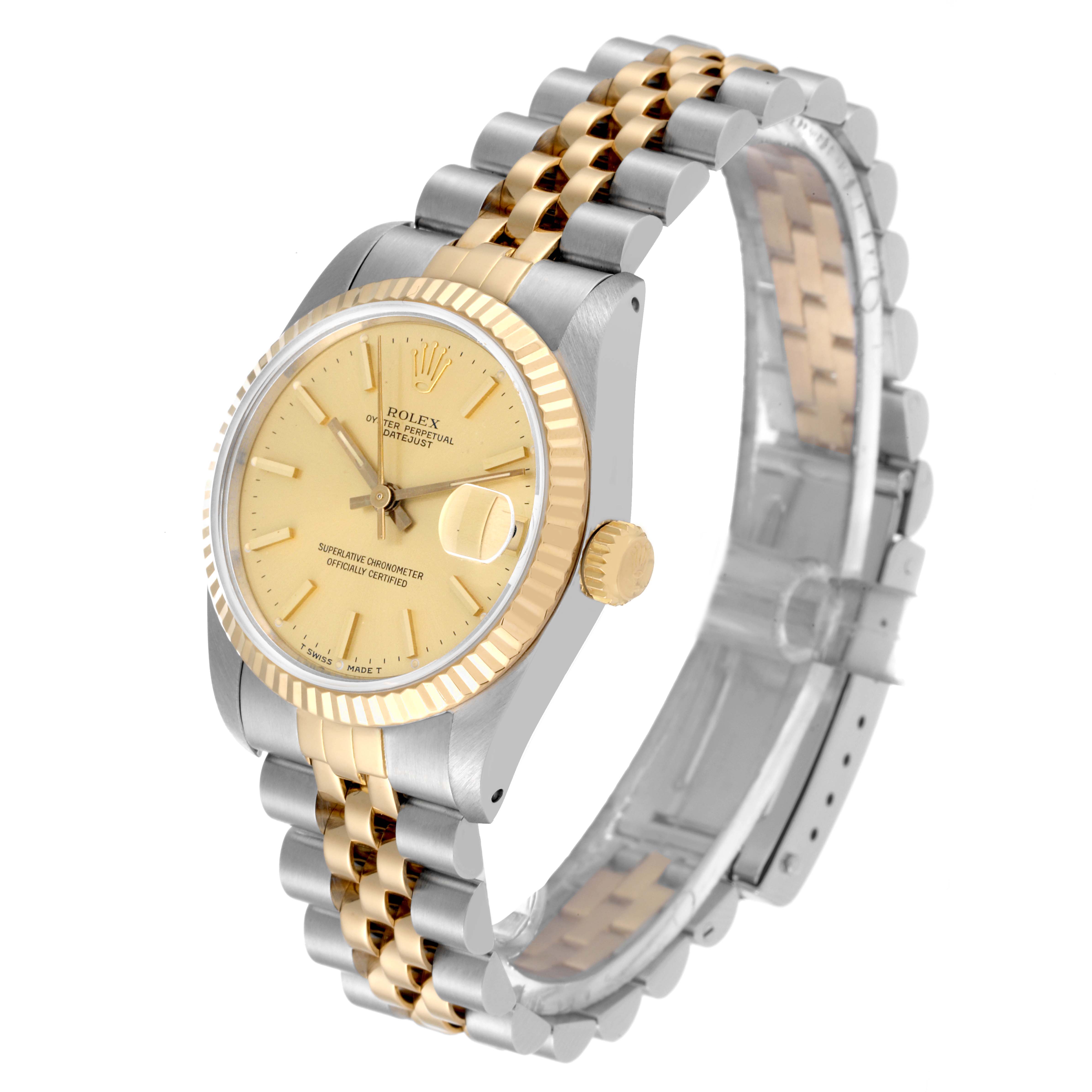 The Rolex Mid-Size 68273 Women
s Steel and Gold (two tone) Champagne Dial 68273 Women
s Steel and Gold (two tone) Champagne Dial model watch is shown at an angled side-front view.