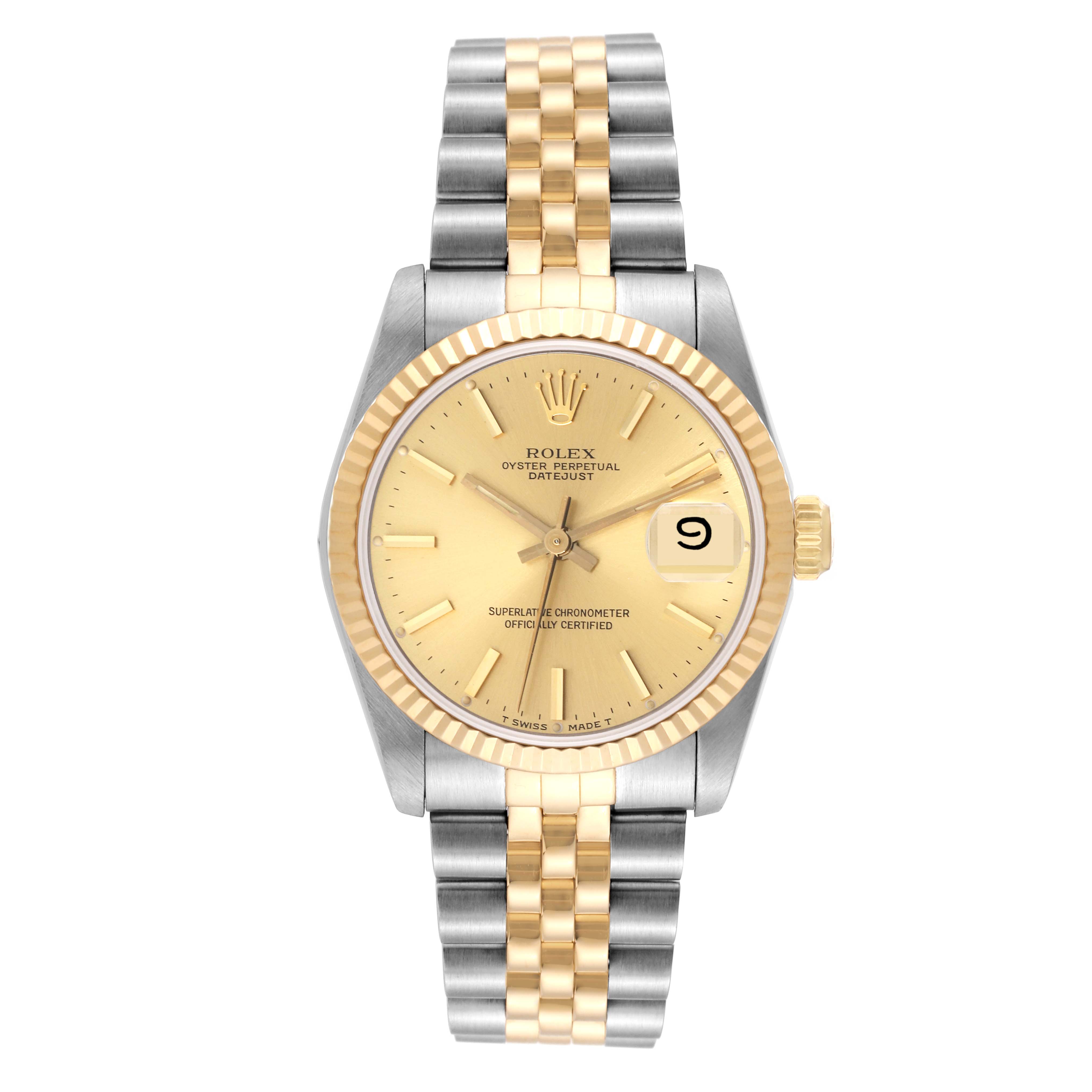 The image shows a Rolex Mid-Size 68273 Women
s Steel and Gold (two tone) Champagne Dial 68273 Women
s Steel and Gold (two tone) Champagne Dial Datejust watch from a front angle, highlighting its dial, bezel, and two-tone bracelet.
