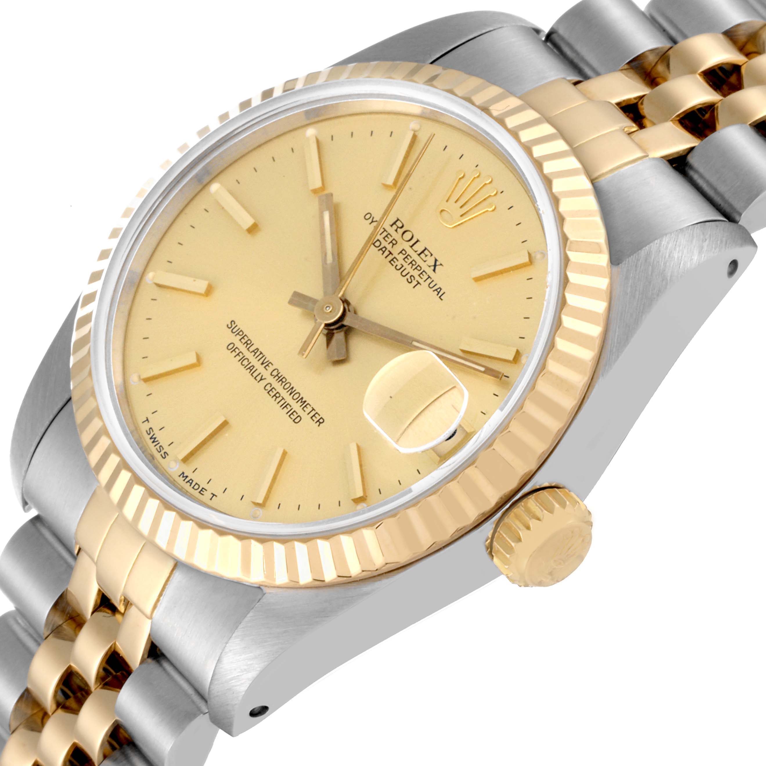 The image shows a Rolex Mid-Size 68273 Women
s Steel and Gold (two tone) Champagne Dial 68273 Women
s Steel and Gold (two tone) Champagne Dial Datejust watch at an angled top view, highlighting the dial, bezel, crown, and bracelet.