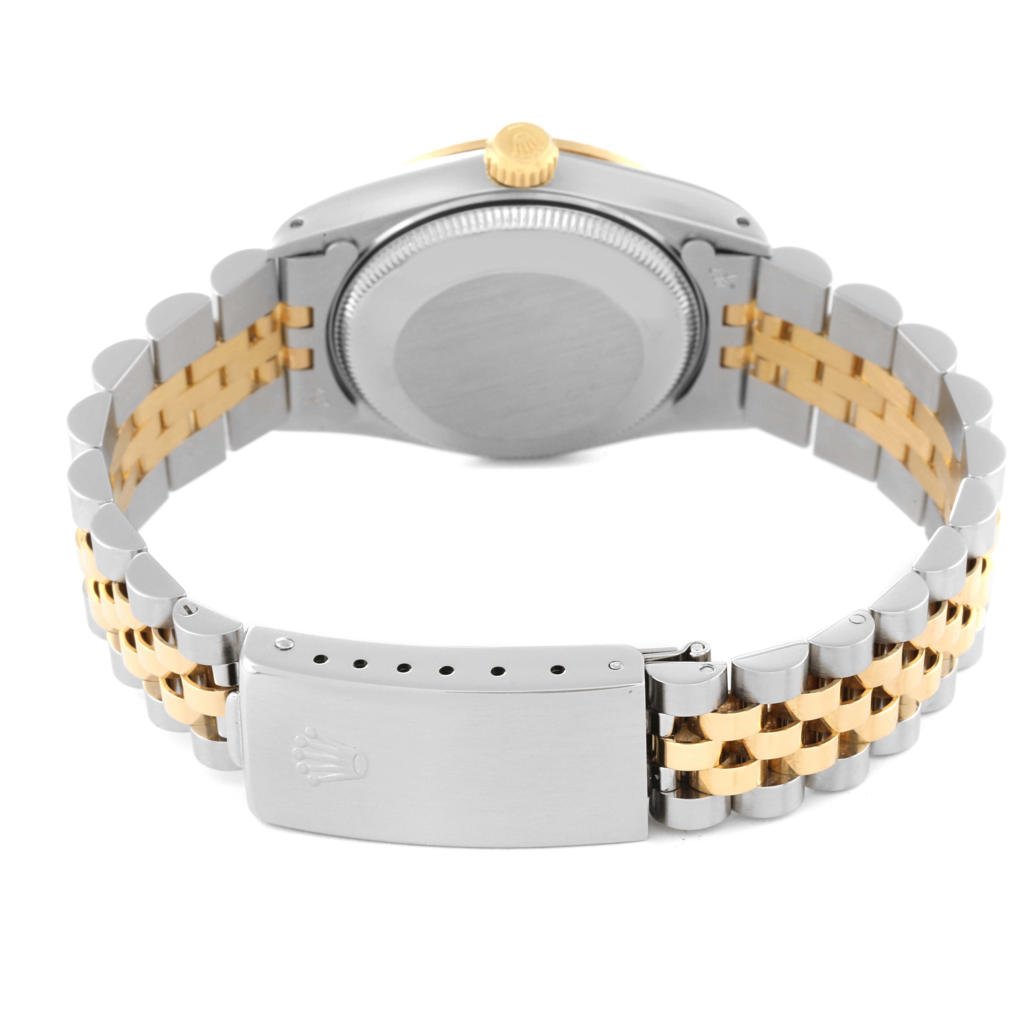 The image shows the back view of a Rolex Mid-Size 68273 Women
s Steel and Gold (two tone) Champagne Dial 68273 Women
s Steel and Gold (two tone) Champagne Dial watch, highlighting its two-tone bracelet and clasp.