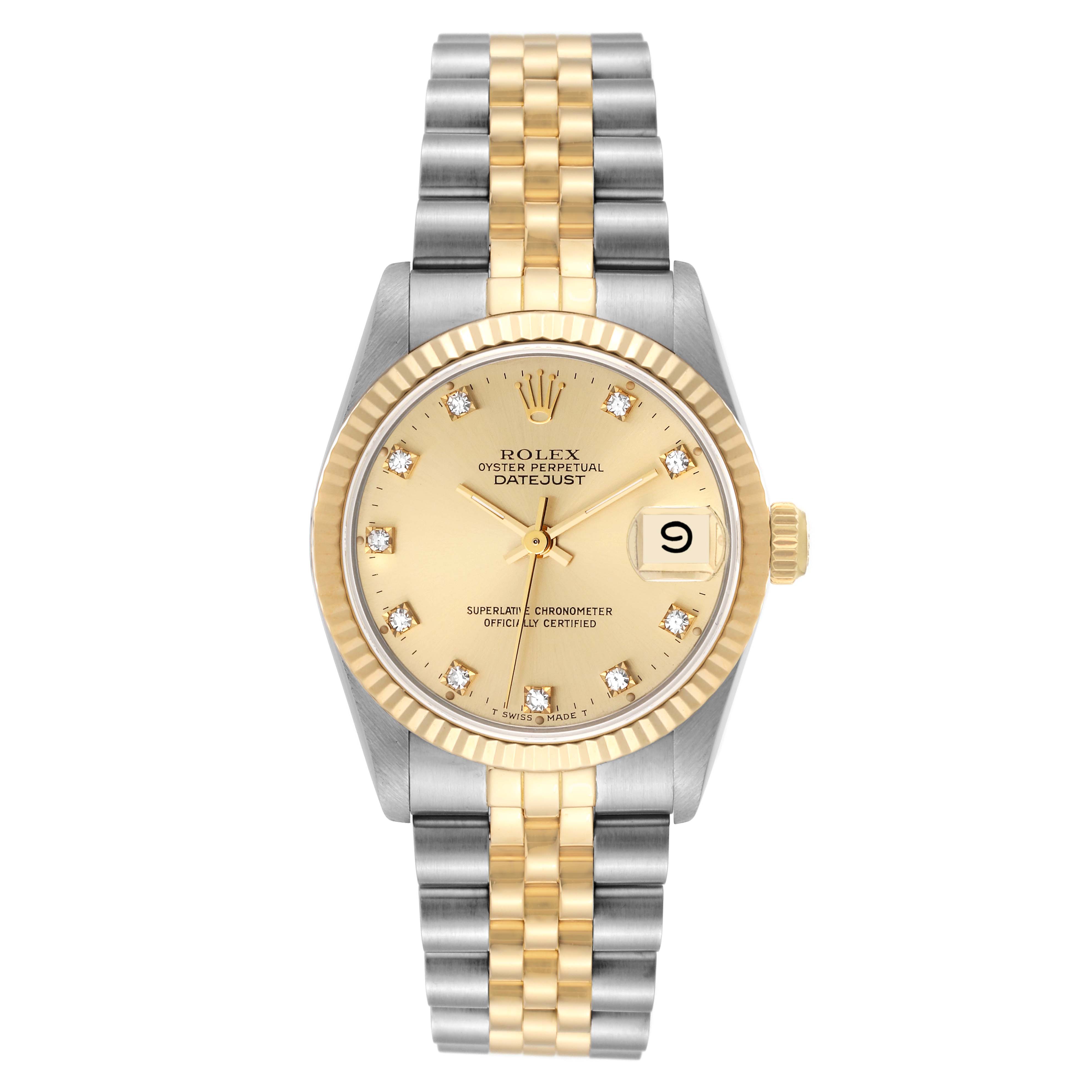This image shows a Rolex Datejust Mid-Size watch with a gold bezel, champagne dial, and a two-tone Jubilee bracelet.