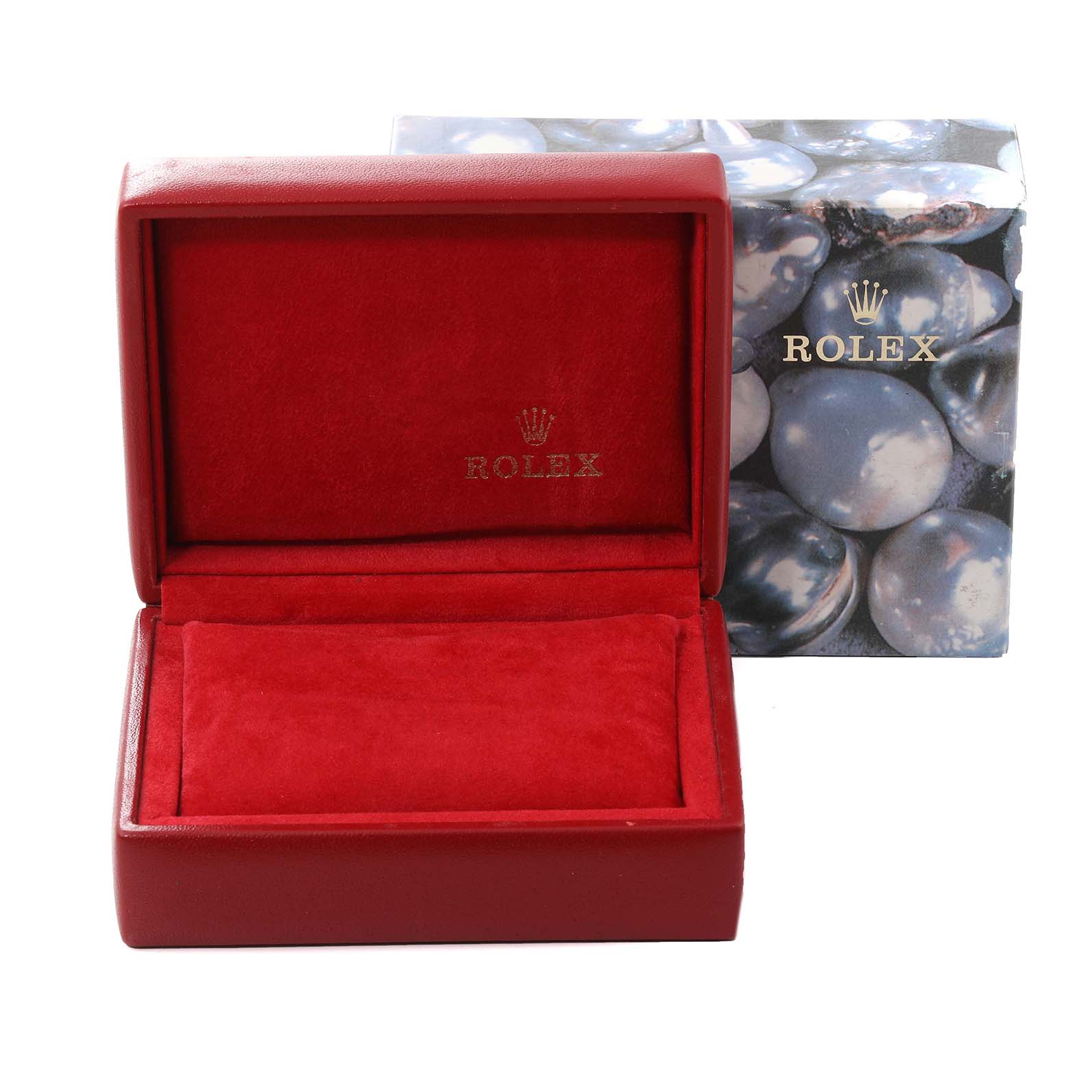 This image shows the open red case and outer box for a Rolex Mid-Size 68273 Women
s Steel and Gold (two tone) Champagne Dial 68273 Women
s Steel and Gold (two tone) Champagne Dial model watch from a front angle.