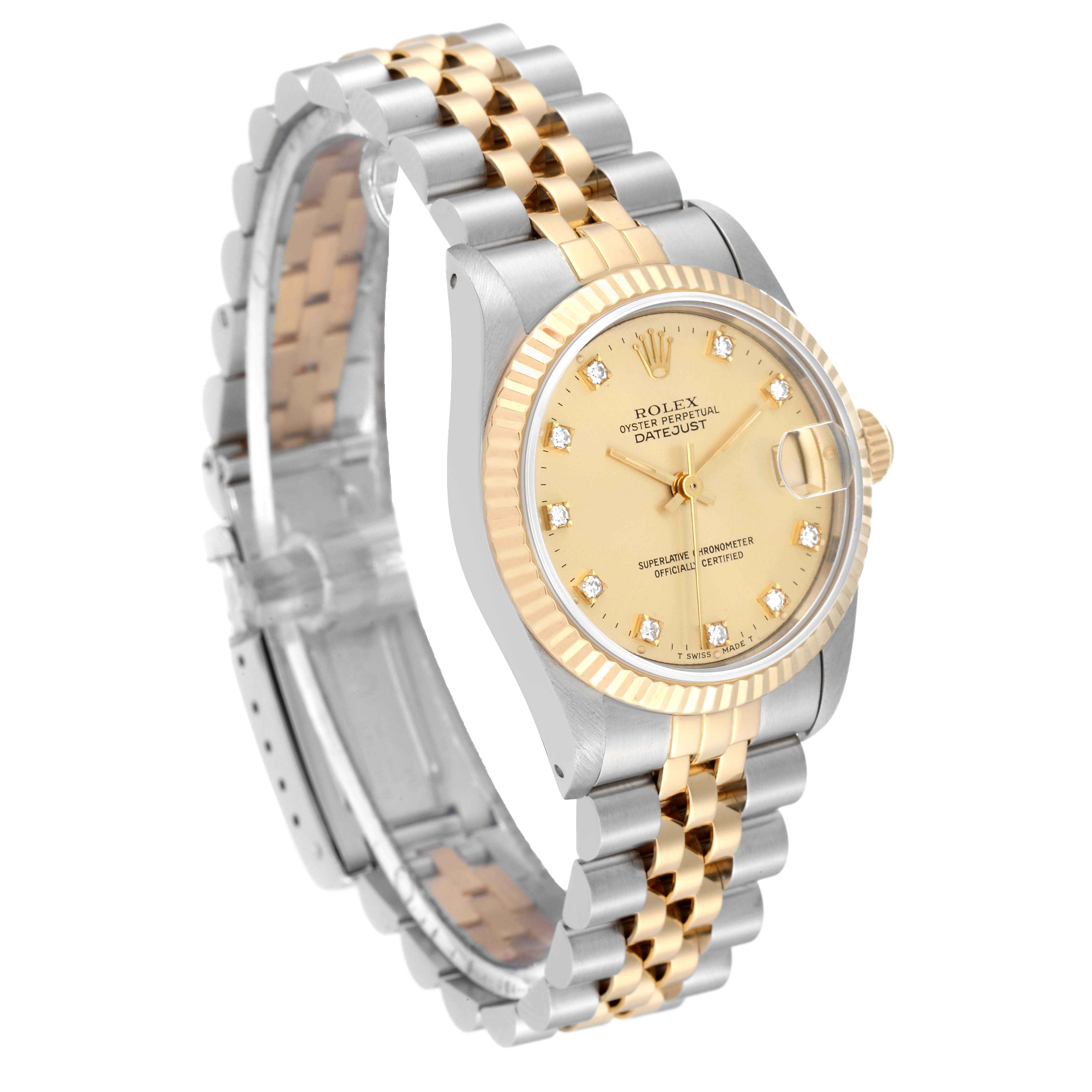The Rolex Mid-Size 68273 Women
s Steel and Gold (two tone) Champagne Dial 68273 Women
s Steel and Gold (two tone) Champagne Dial Datejust watch is angled to show its face, bezel, and two-tone bracelet.