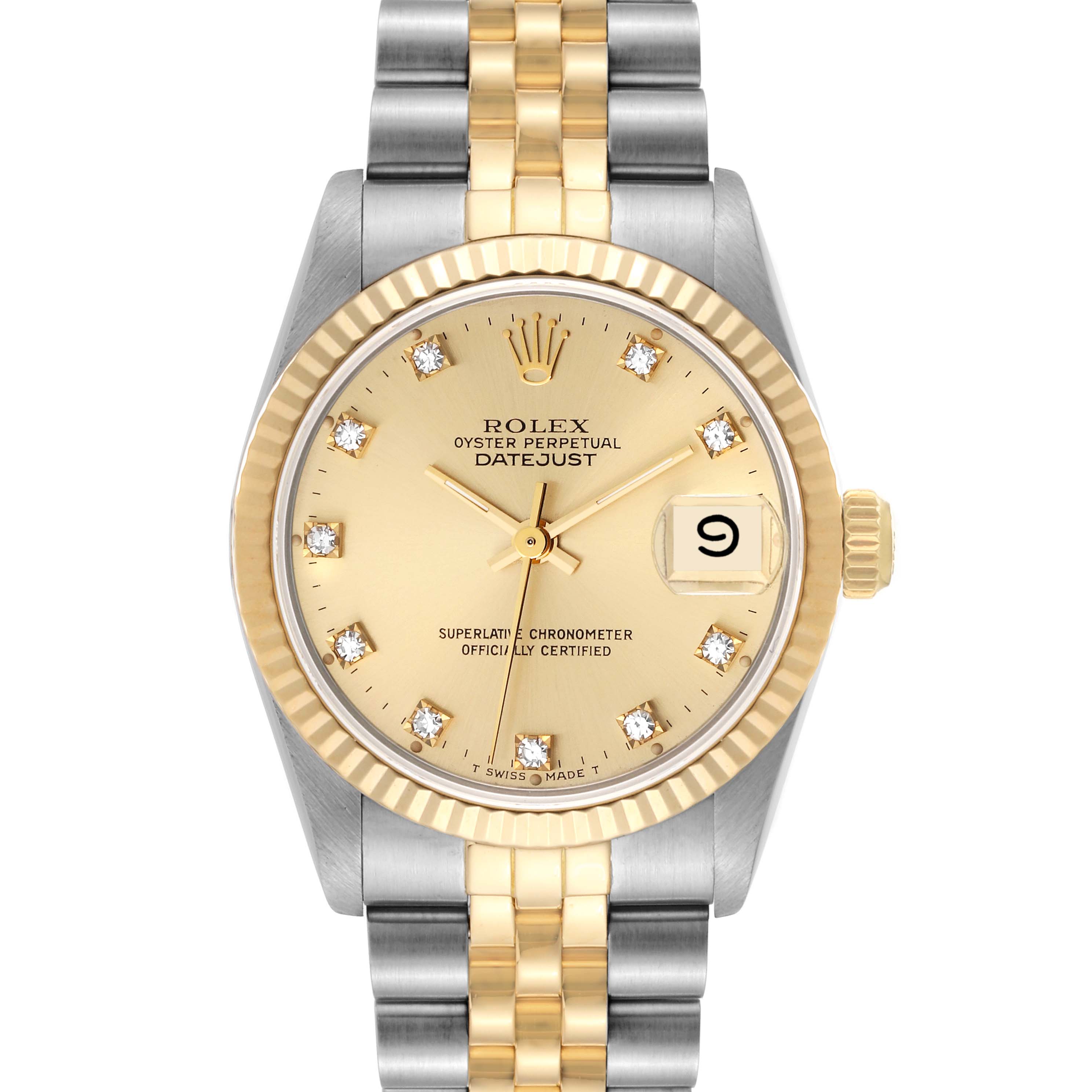 The image shows a front view of a Rolex Mid-Size 68273 Women
s Steel and Gold (two tone) Champagne Dial 68273 Women
s Steel and Gold (two tone) Champagne Dial Datejust watch with a two-tone bracelet and diamond hour markers.