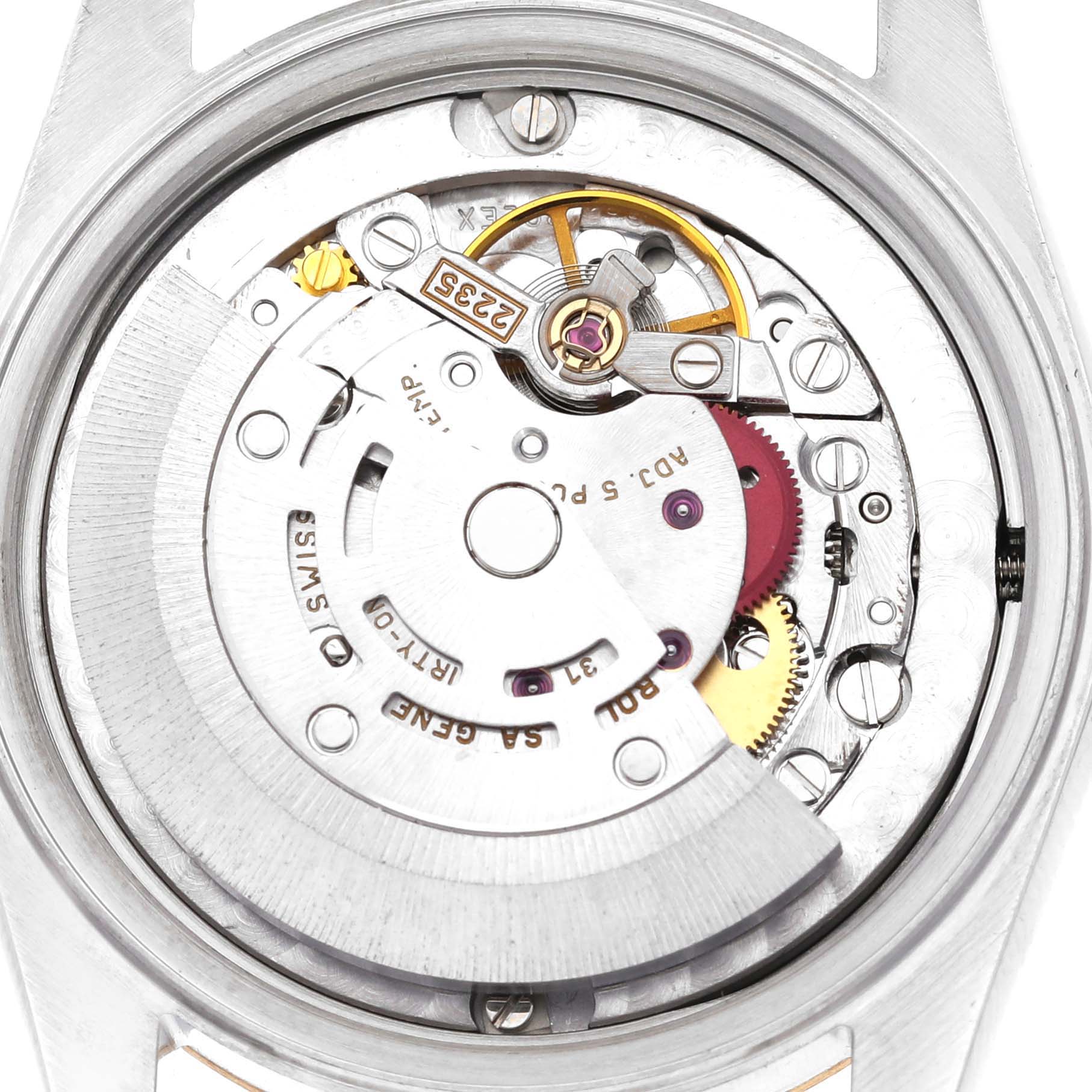 This image shows the back angle of the Rolex Mid-Size 78273 Women
s Steel and Gold (two tone) Champagne Dial 78273 Women
s Steel and Gold (two tone) Champagne Dial model, revealing its internal mechanical movement components.