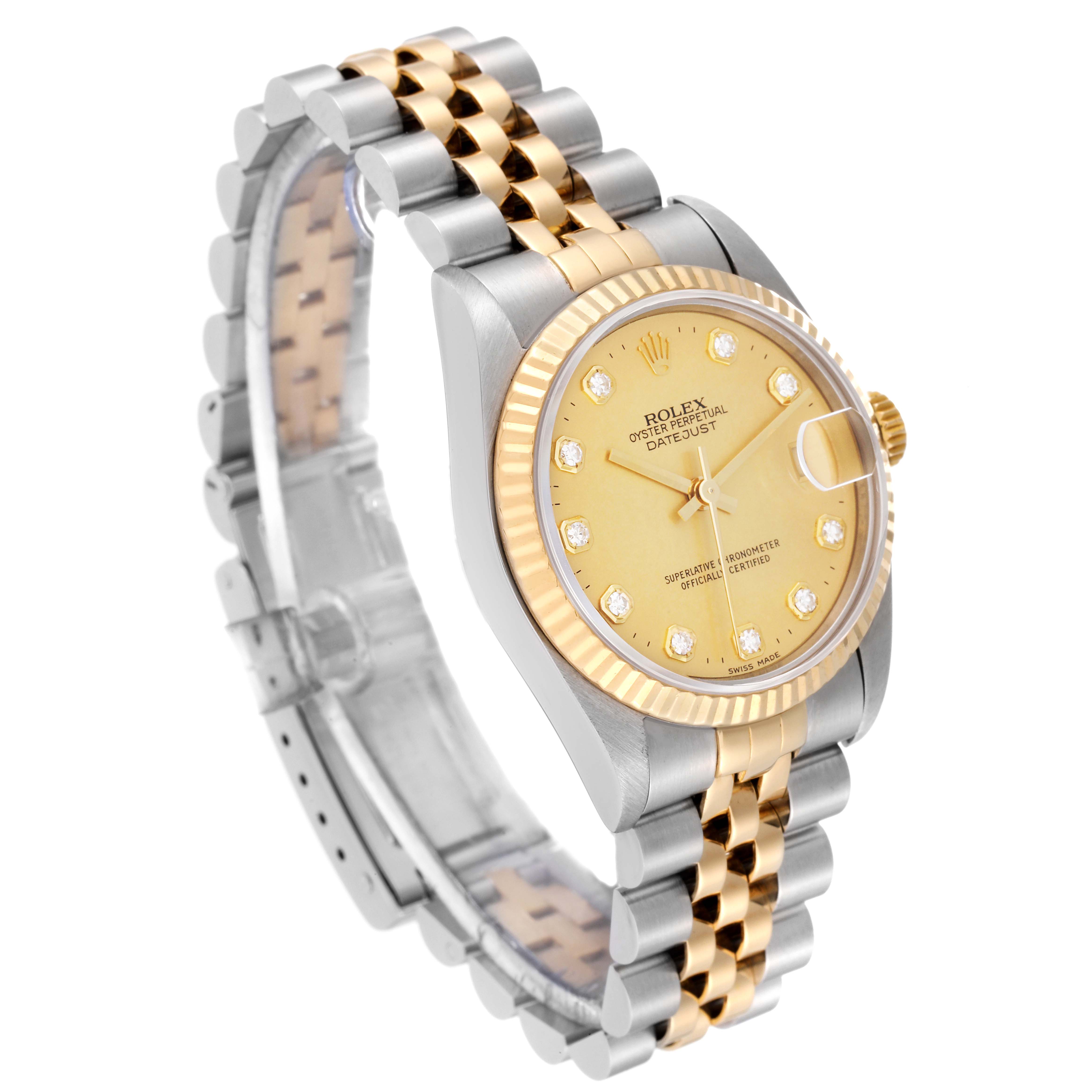 The image shows a Rolex Mid-Size 78273 Women
s Steel and Gold (two tone) Champagne Dial 78273 Women
s Steel and Gold (two tone) Champagne Dial Oyster Perpetual Datejust watch at an angle highlighting the bracelet, case, and dial.