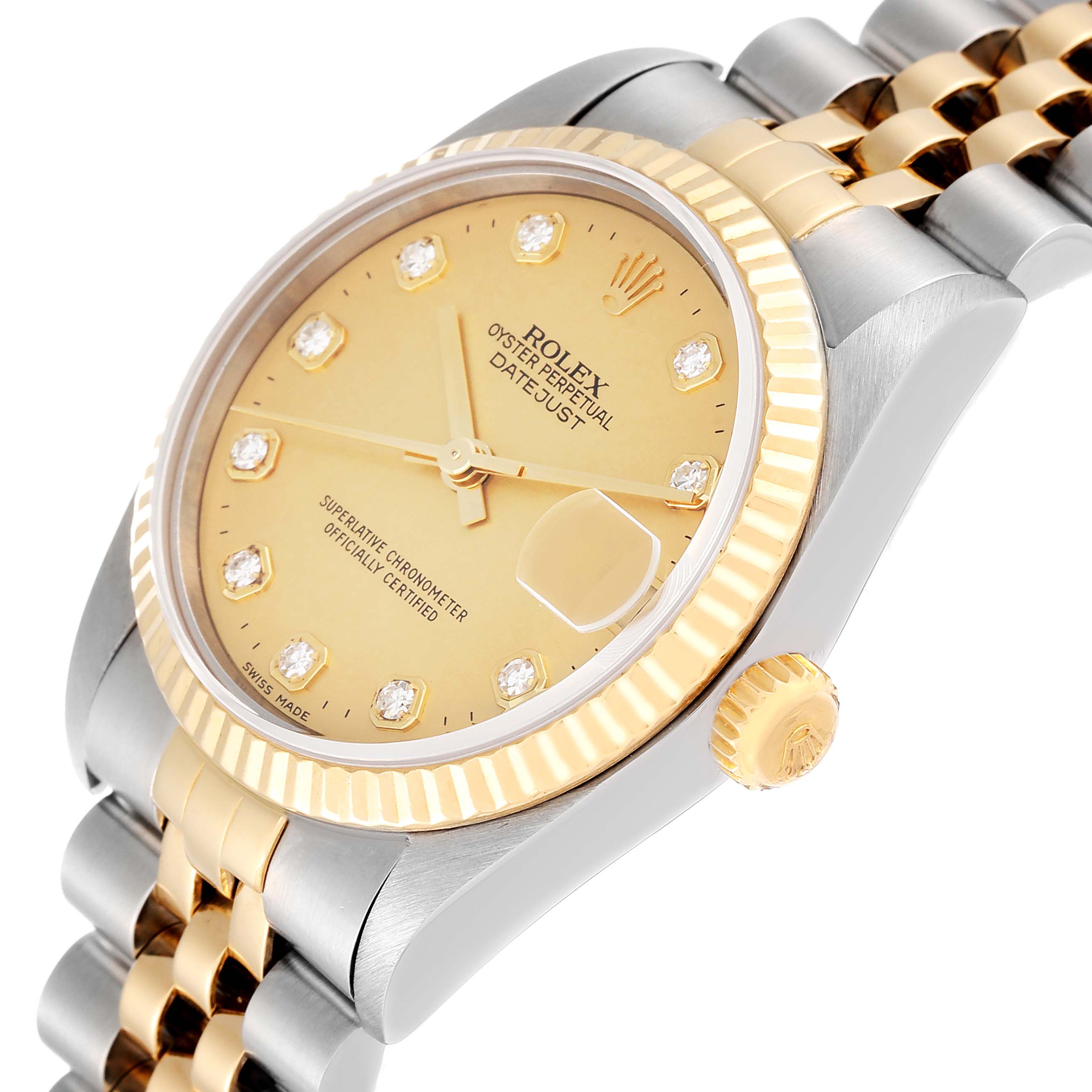 The image shows a close-up angled view of the Rolex Mid-Size 78273 Women
s Steel and Gold (two tone) Champagne Dial 78273 Women
s Steel and Gold (two tone) Champagne Dial Oyster Perpetual Datejust watch, highlighting the dial, bezel, crown, and part of the bracelet.