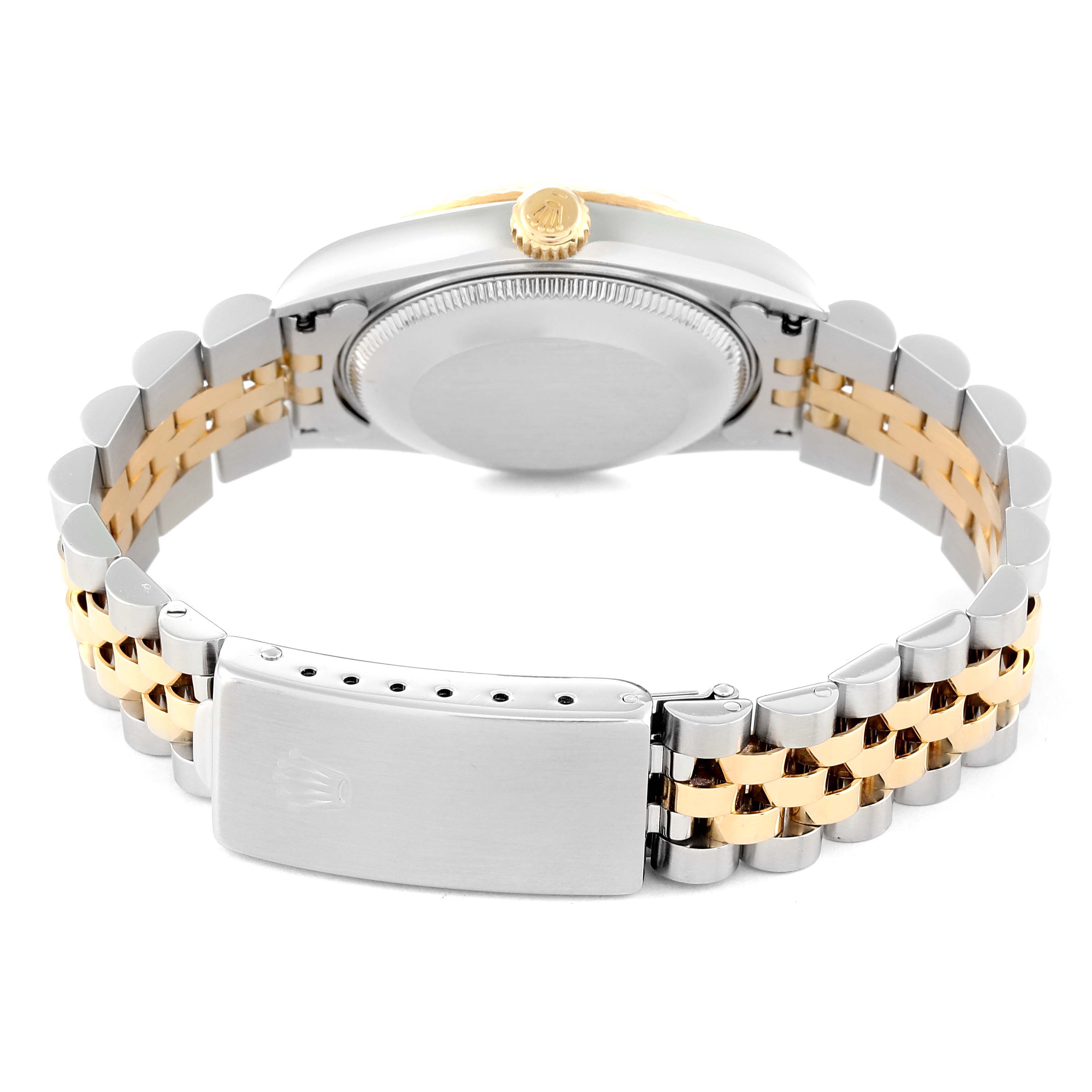 The image shows the back of a Rolex Mid-Size 78273 Women
s Steel and Gold (two tone) Champagne Dial 78273 Women
s Steel and Gold (two tone) Champagne Dial model watch, featuring its bracelet, clasp, crown, and caseback.