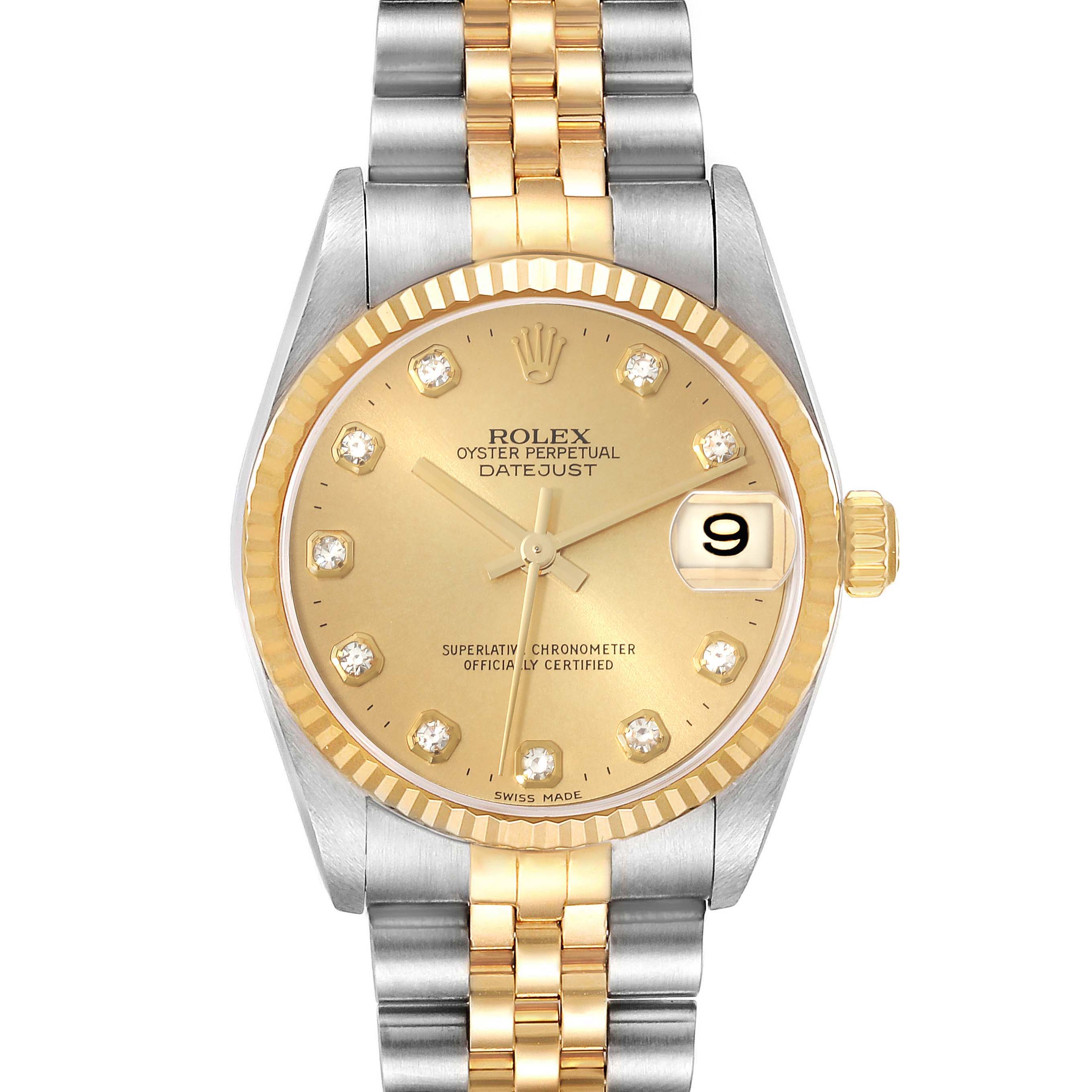The Rolex Mid-Size 78273 Women
s Steel and Gold (two tone) Champagne Dial 78273 Women
s Steel and Gold (two tone) Champagne Dial Oyster Perpetual Datejust watch is shown from a top-down angle, highlighting its dial, bezel, and band.
