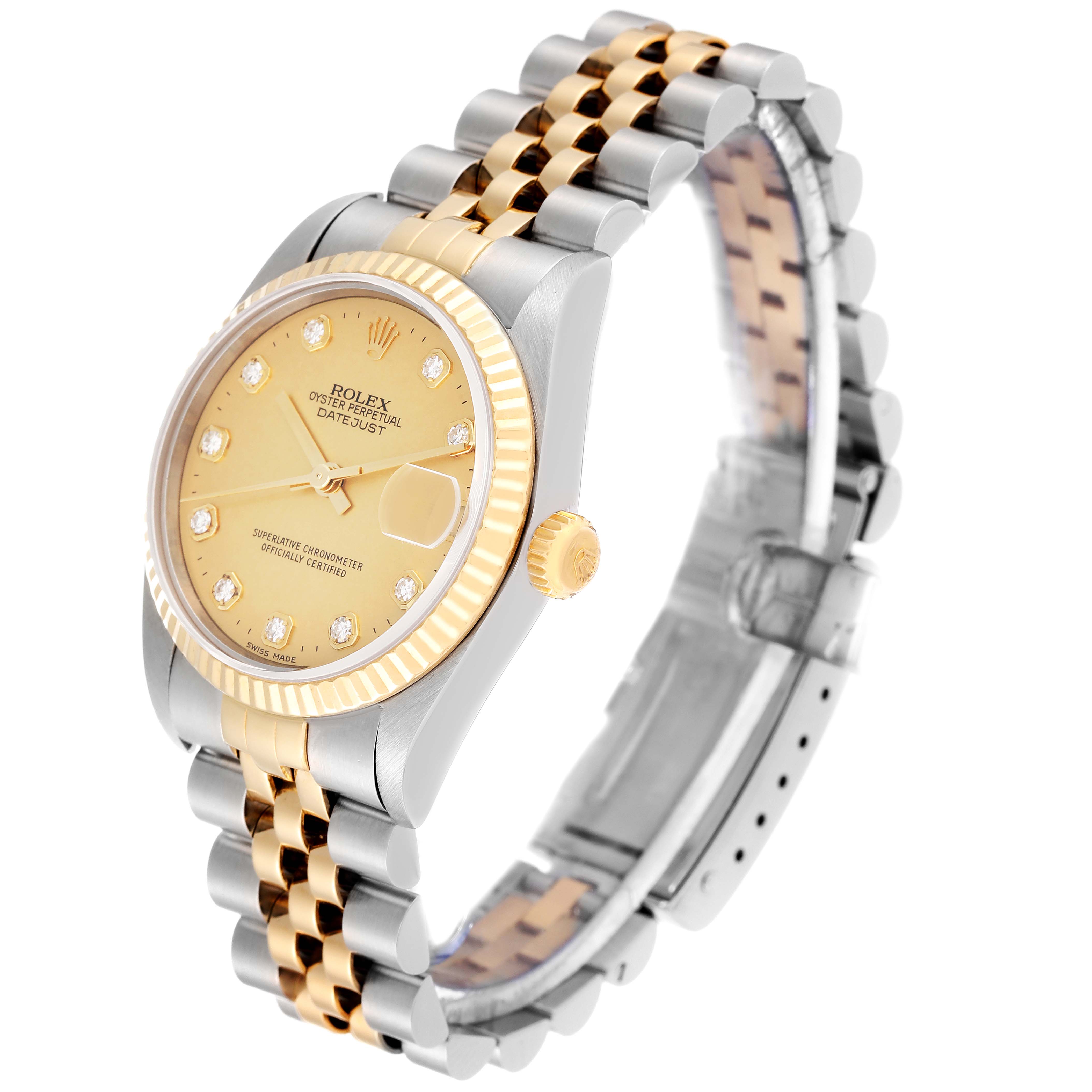 This image shows a side view of a Rolex Mid-Size 78273 Women
s Steel and Gold (two tone) Champagne Dial 78273 Women
s Steel and Gold (two tone) Champagne Dial Oyster Perpetual Datejust with a two-tone bracelet and gold-colored dial.