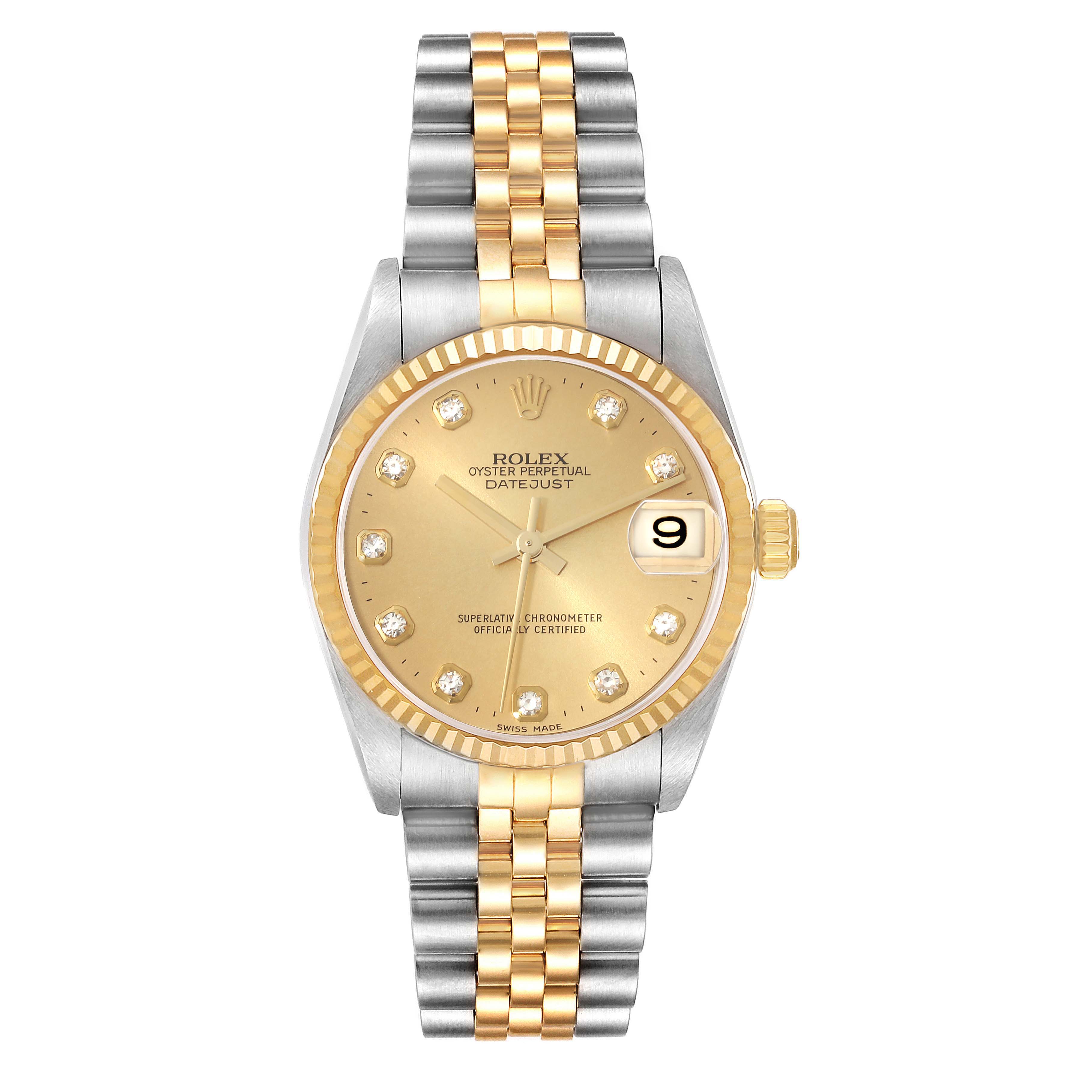 The image displays the full front view of a Rolex Oyster Perpetual Datejust Mid-Size watch, highlighting its dial, bezel, and bracelet.