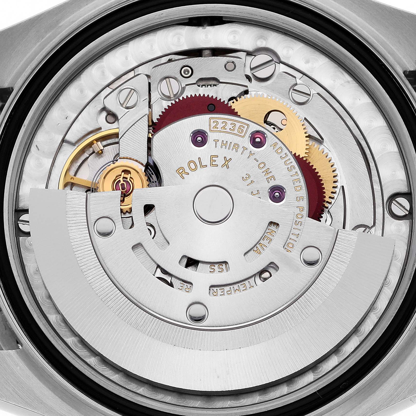 The image shows the internal mechanism of a Rolex Mid-Size 278344RBR Women's Stainless Steel Mother of Pearl Dial 278344RBR Women's Stainless Steel Mother of Pearl Dial model viewed from the back, highlighting gears and rotor details.