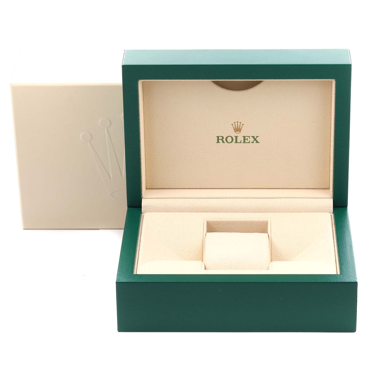 The image shows an open Rolex watch box in green, with interior space for a Mid-Size model.