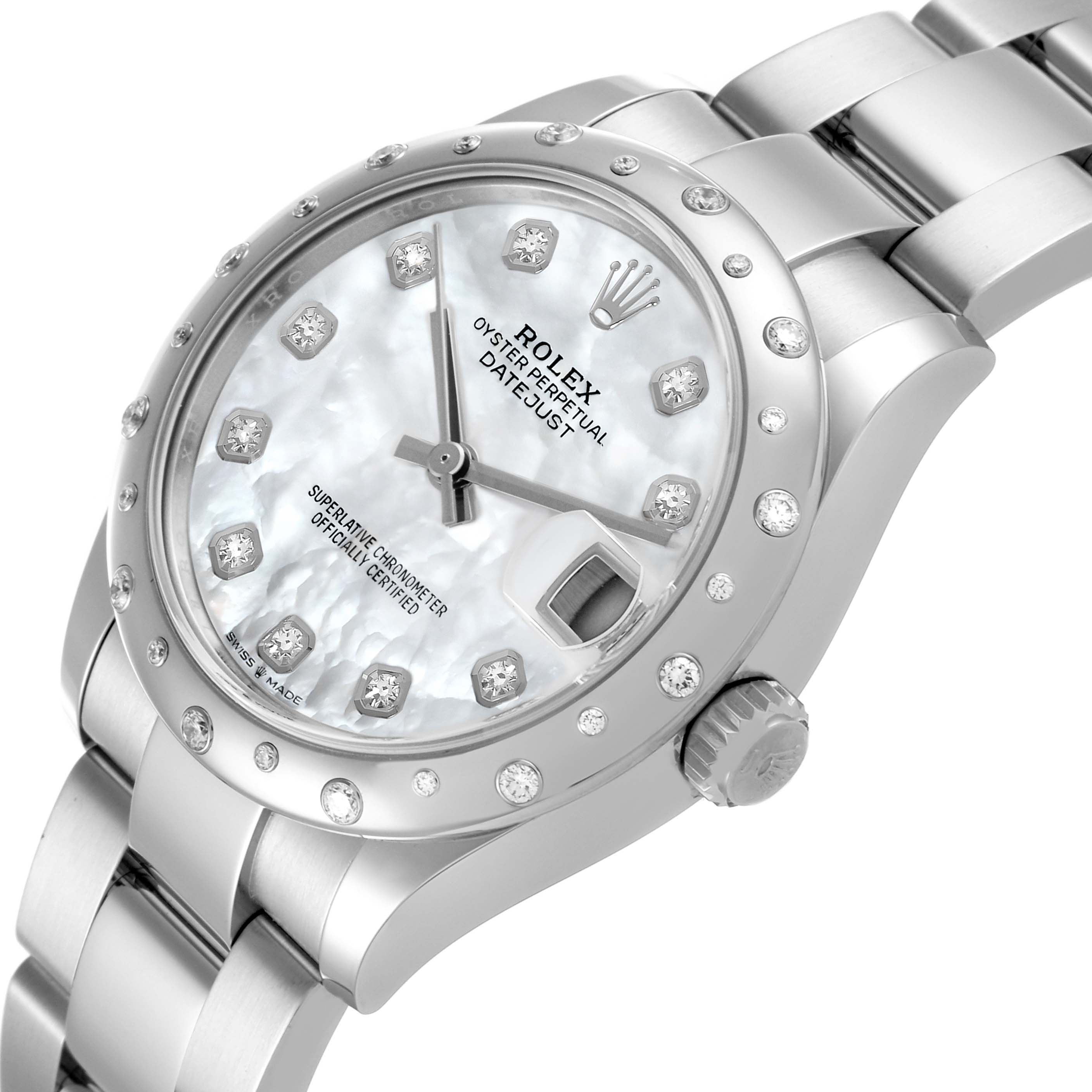 The Rolex Mid-Size 278344RBR Women's Stainless Steel Mother of Pearl Dial 278344RBR Women's Stainless Steel Mother of Pearl Dial watch is shown at a slight angle, displaying the face, bezel, and part of the band.