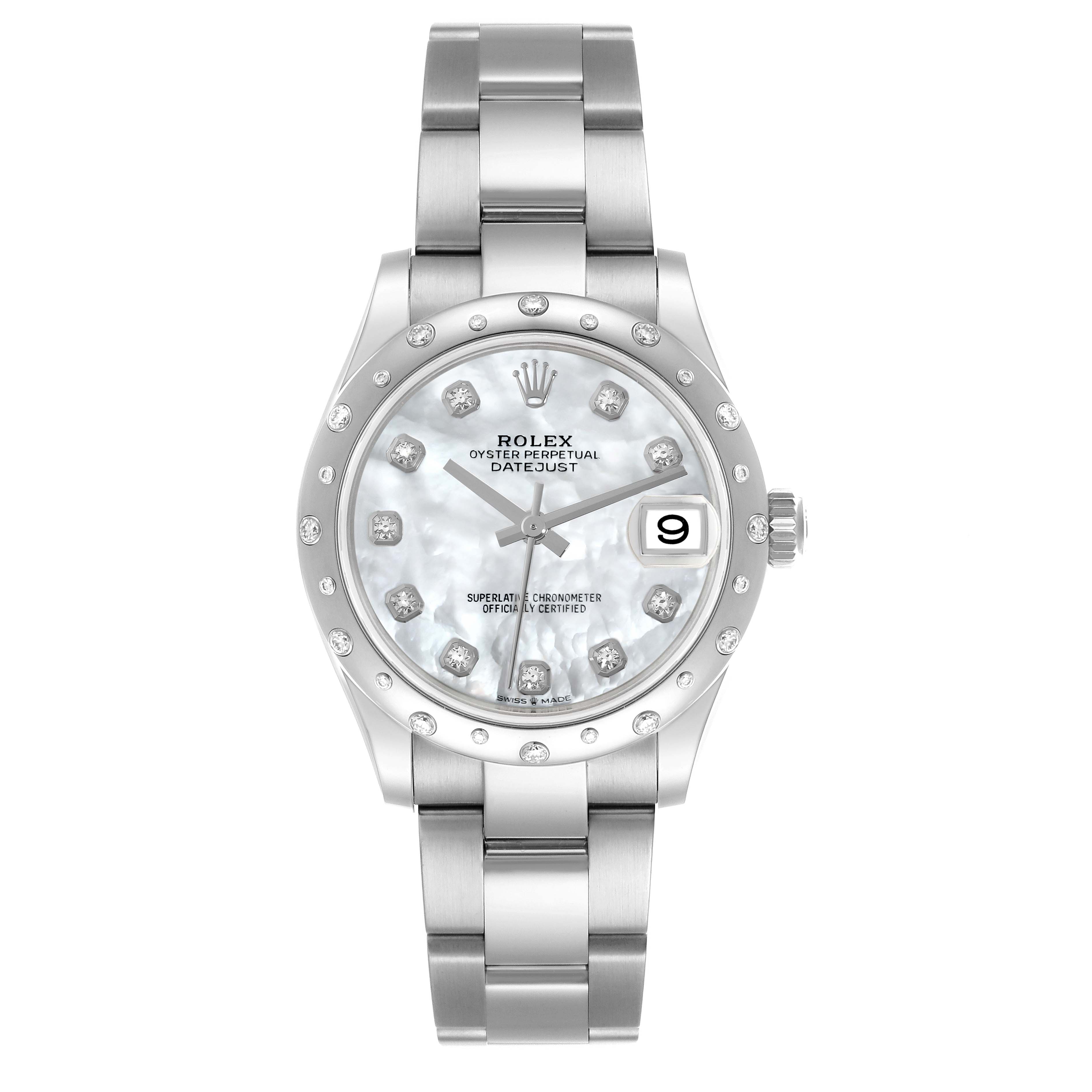 The Rolex Mid-Size 278344RBR Women's Stainless Steel Mother of Pearl Dial 278344RBR Women's Stainless Steel Mother of Pearl Dial watch is shown from the front, highlighting the face, bezel, and bracelet.