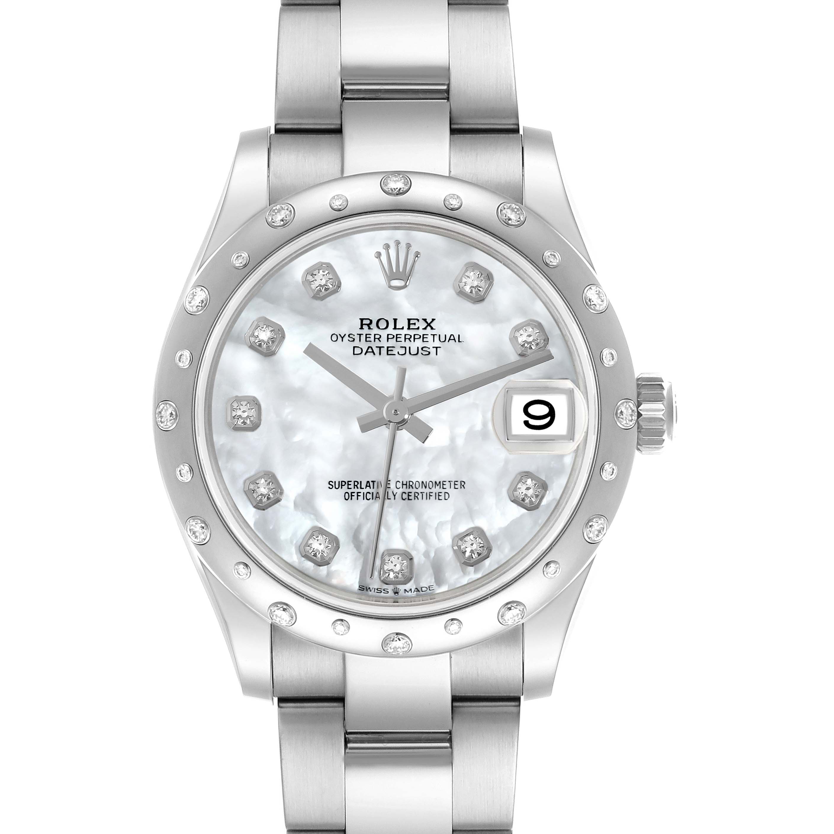 The Rolex Mid-Size 278344RBR Women's Stainless Steel Mother of Pearl Dial 278344RBR Women's Stainless Steel Mother of Pearl Dial Oyster Perpetual Datejust is shown face-on, displaying the dial, bezel, bracelet, and date window.