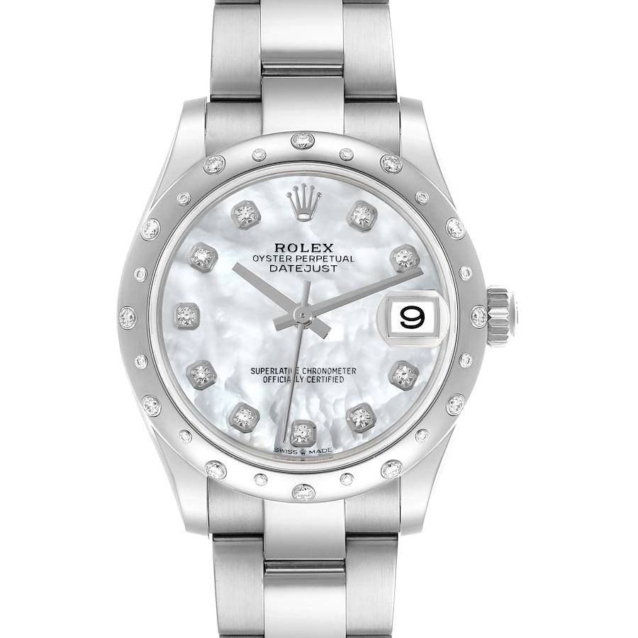 The Rolex Mid-Size Oyster Perpetual Datejust is shown face-on, displaying the dial, bezel, bracelet, and date window.