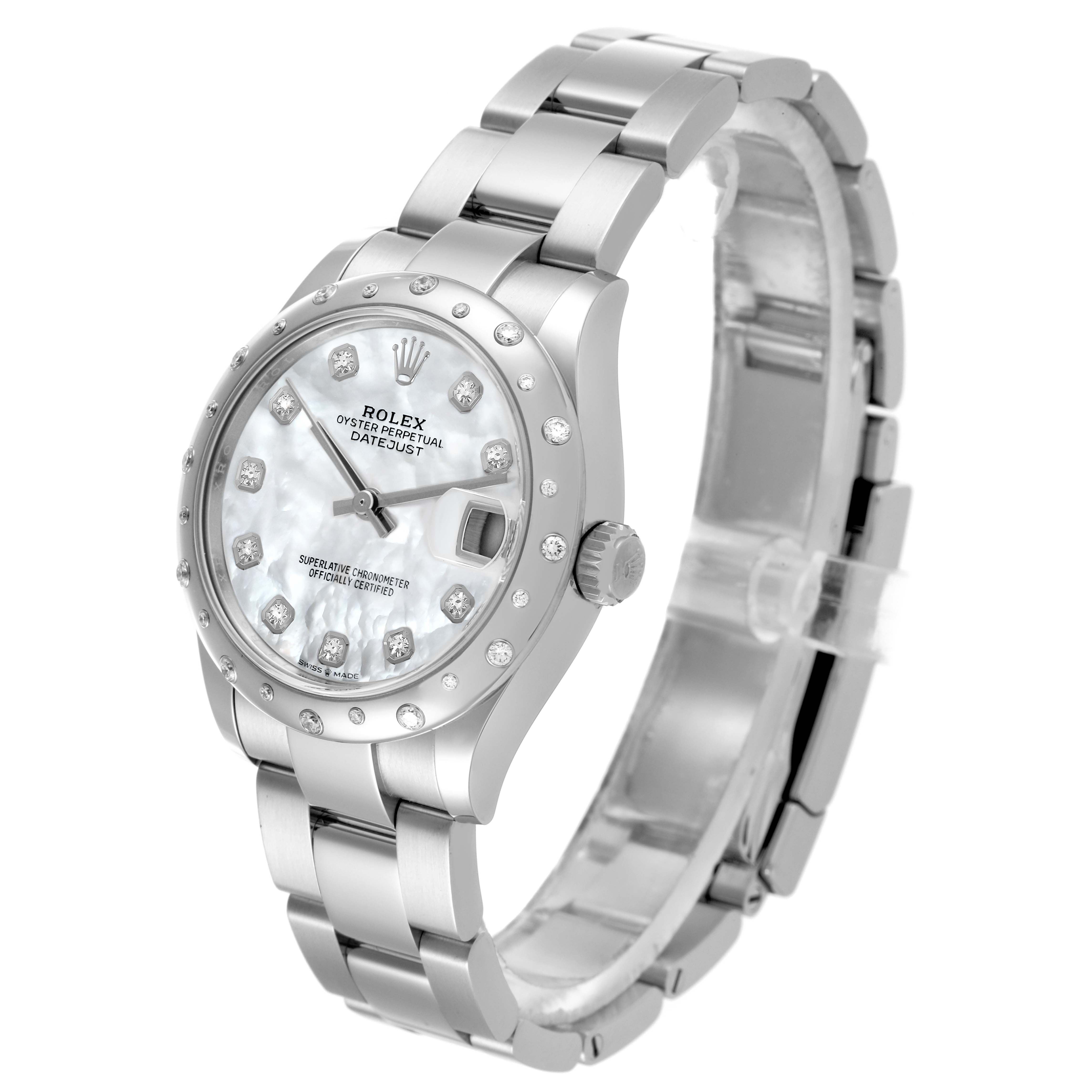 The Rolex Mid-Size 278344RBR Women's Stainless Steel Mother of Pearl Dial 278344RBR Women's Stainless Steel Mother of Pearl Dial watch is shown at a slight angle displaying the face, bezel, bracelet, and crown.