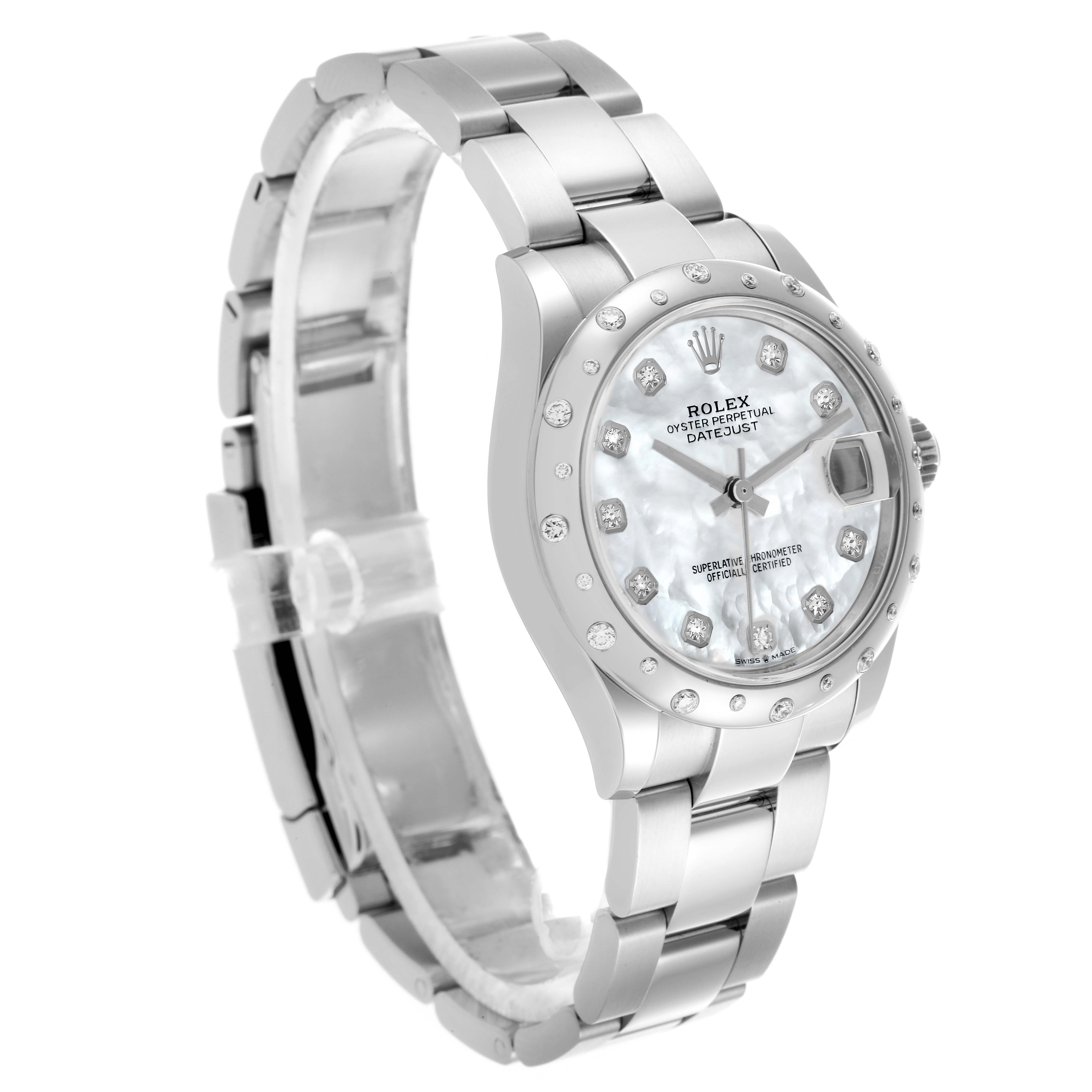 The Rolex Mid-Size 278344RBR Women's Stainless Steel Mother of Pearl Dial 278344RBR Women's Stainless Steel Mother of Pearl Dial watch is shown at a slight angle, displaying the face, bezel, and bracelet.