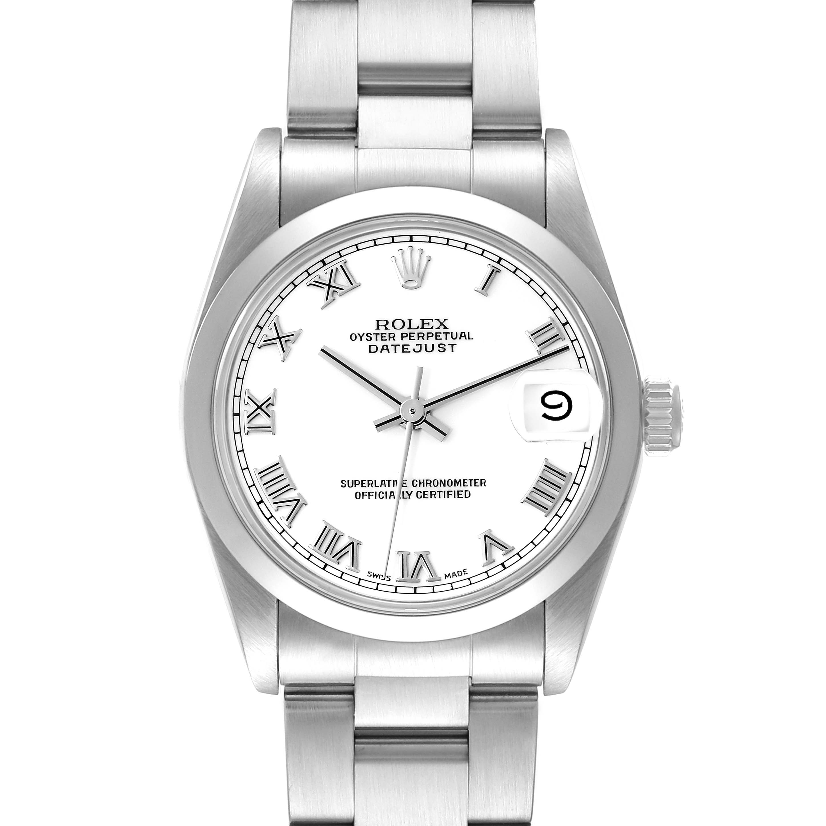 The image shows a front view of a Rolex Mid-Size 68240 Women
s Stainless Steel White Dial 68240 Women
s Stainless Steel White Dial Datejust watch, highlighting its white Roman numeral dial and stainless steel bracelet.