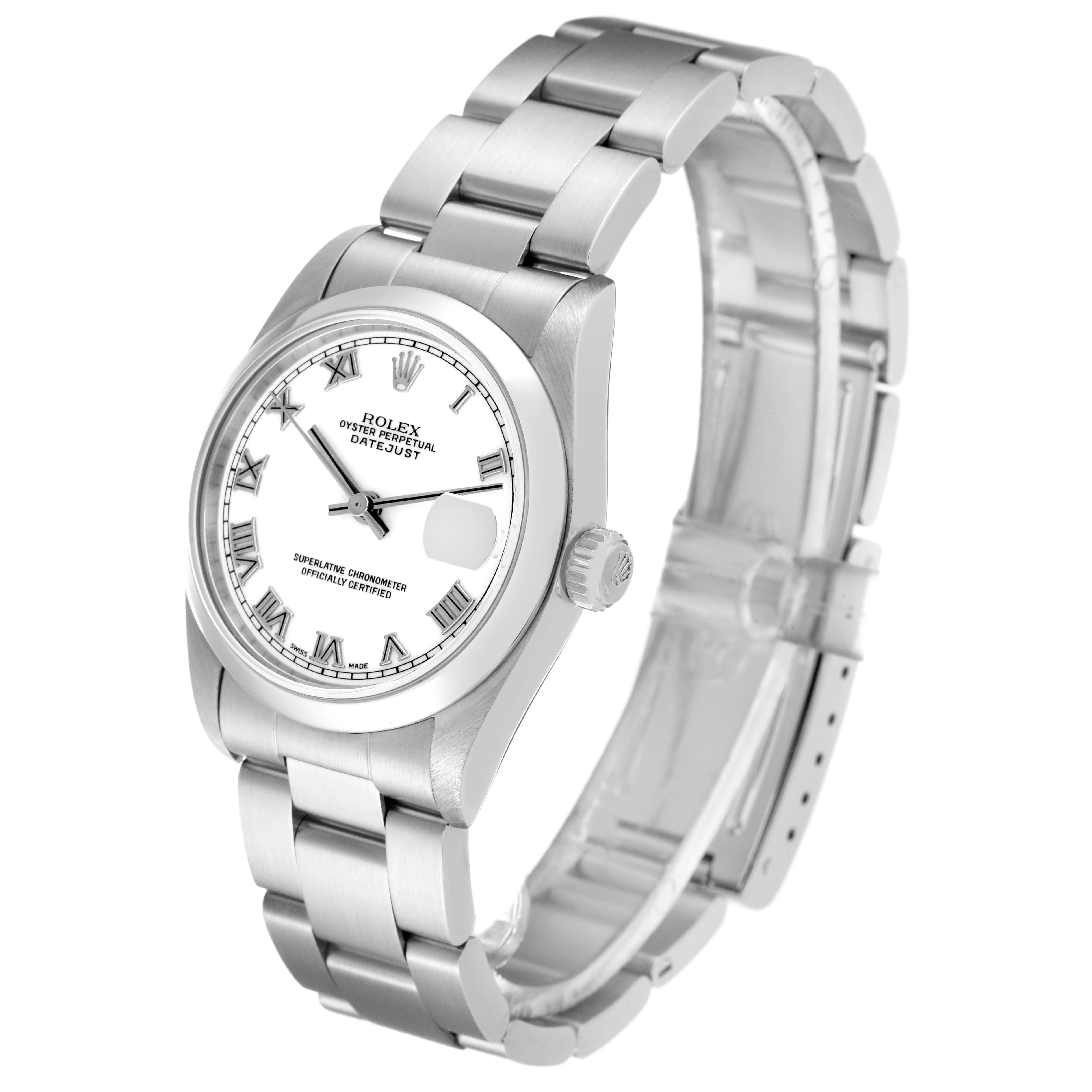 The image shows a Rolex Mid-Size 68240 Women
s Stainless Steel White Dial 68240 Women
s Stainless Steel White Dial Datejust watch at a three-quarter angle, displaying the face, crown, and bracelet.