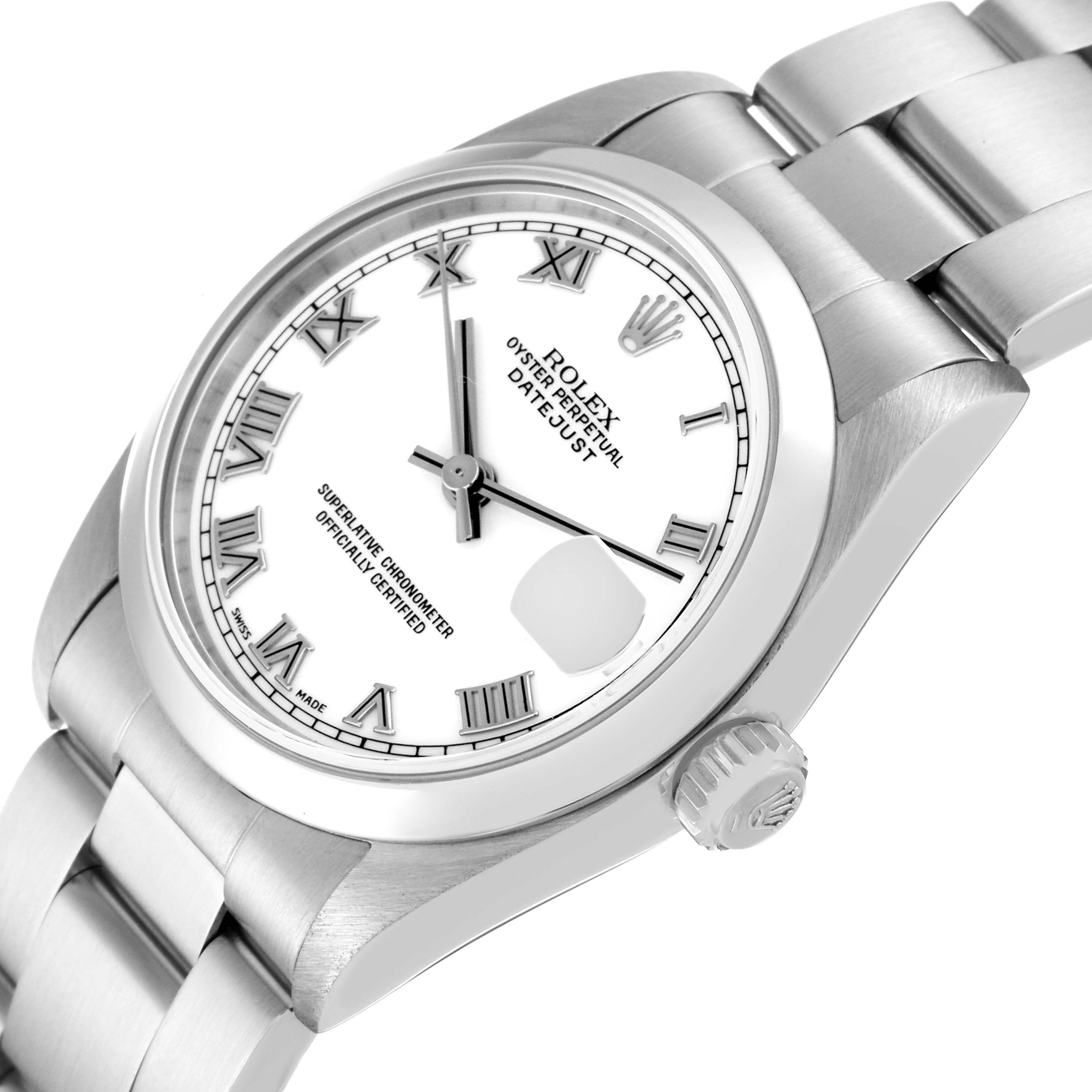 The image shows a close-up of the Rolex Mid-Size 68240 Women
s Stainless Steel White Dial 68240 Women
s Stainless Steel White Dial Oyster Perpetual Datejust, highlighting the dial, bezel, and bracelet from a slightly tilted angle.