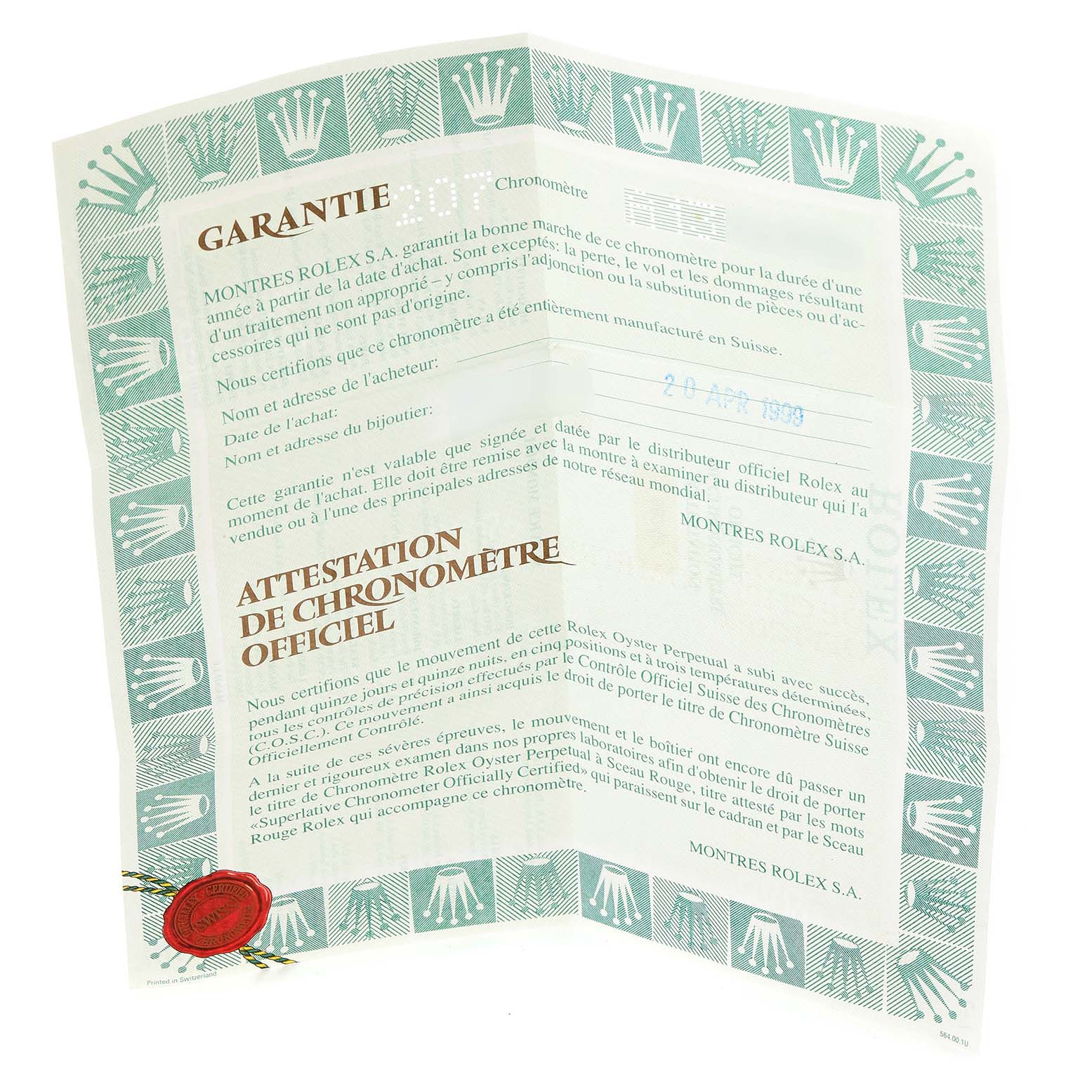 The image shows a Rolex Mid-Size 68240 Women
s Stainless Steel White Dial 68240 Women
s Stainless Steel White Dial model
s Certificate of Guarantee and Official Chronometer Certification document.