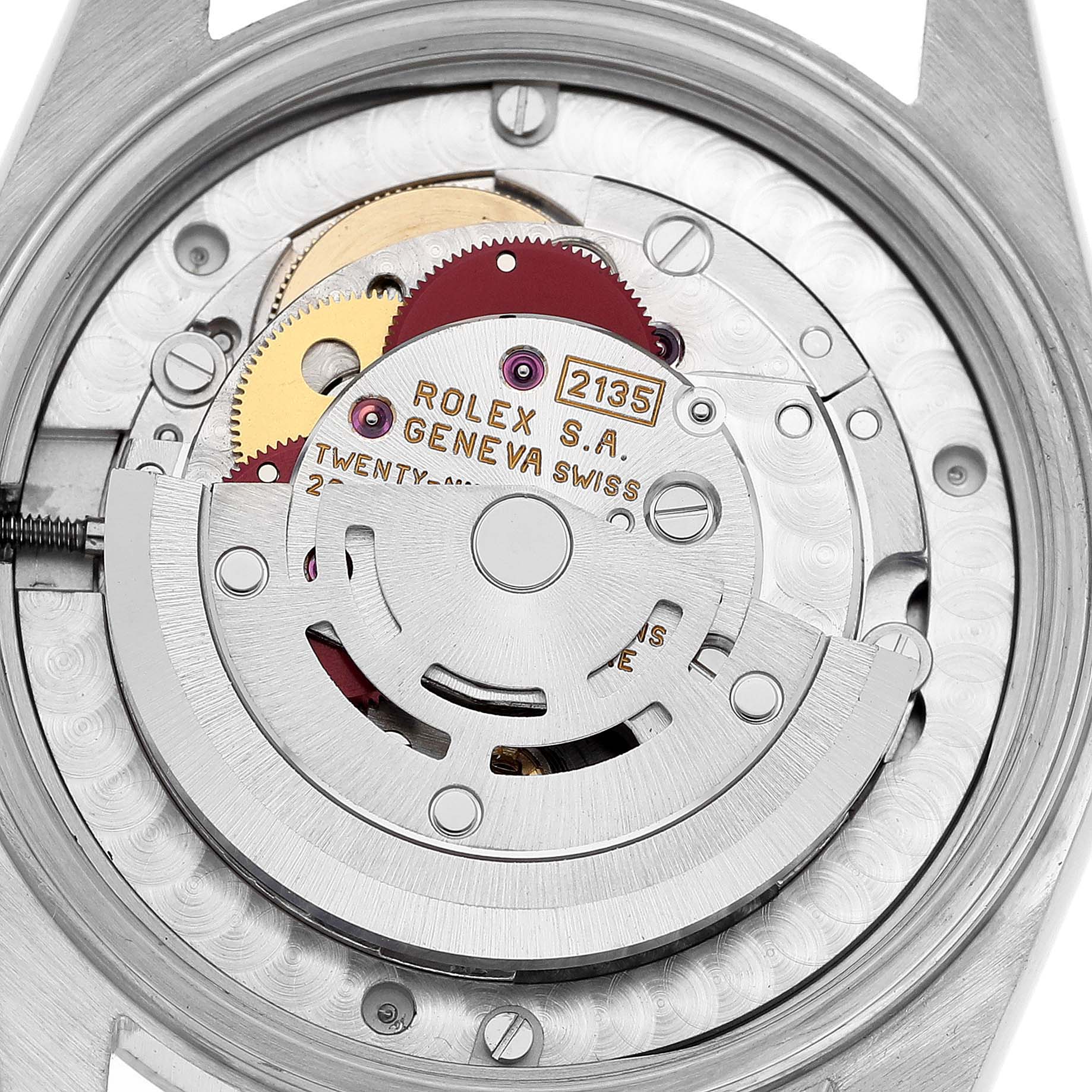 The image shows the internal movement and mechanisms of a Rolex Mid-Size 68240 Women
s Stainless Steel White Dial 68240 Women
s Stainless Steel White Dial model, viewed from the back.