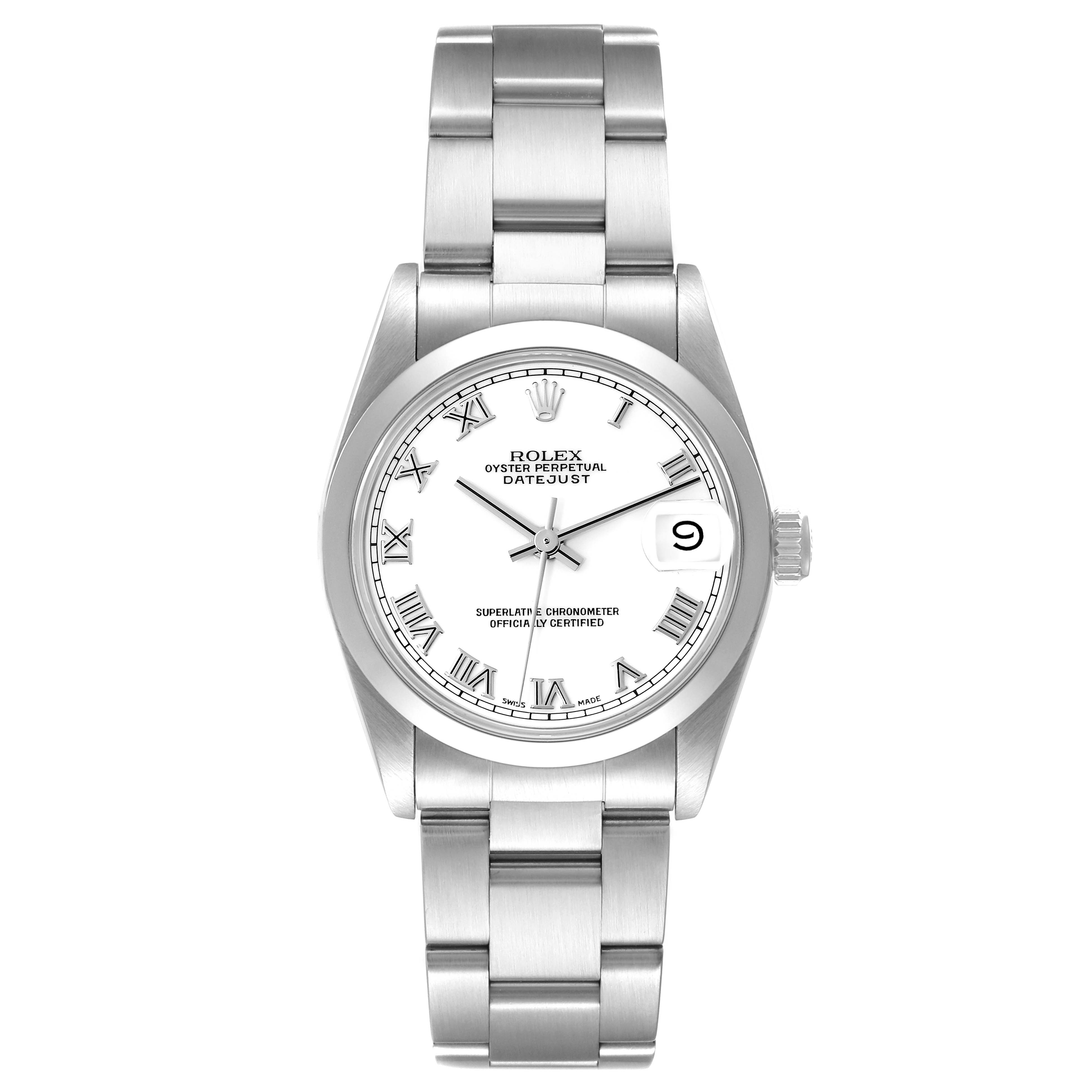 This image shows a front view of a Rolex Mid-Size 68240 Women
s Stainless Steel White Dial 68240 Women
s Stainless Steel White Dial Oyster Perpetual Datejust, highlighting the dial, bezel, and bracelet.