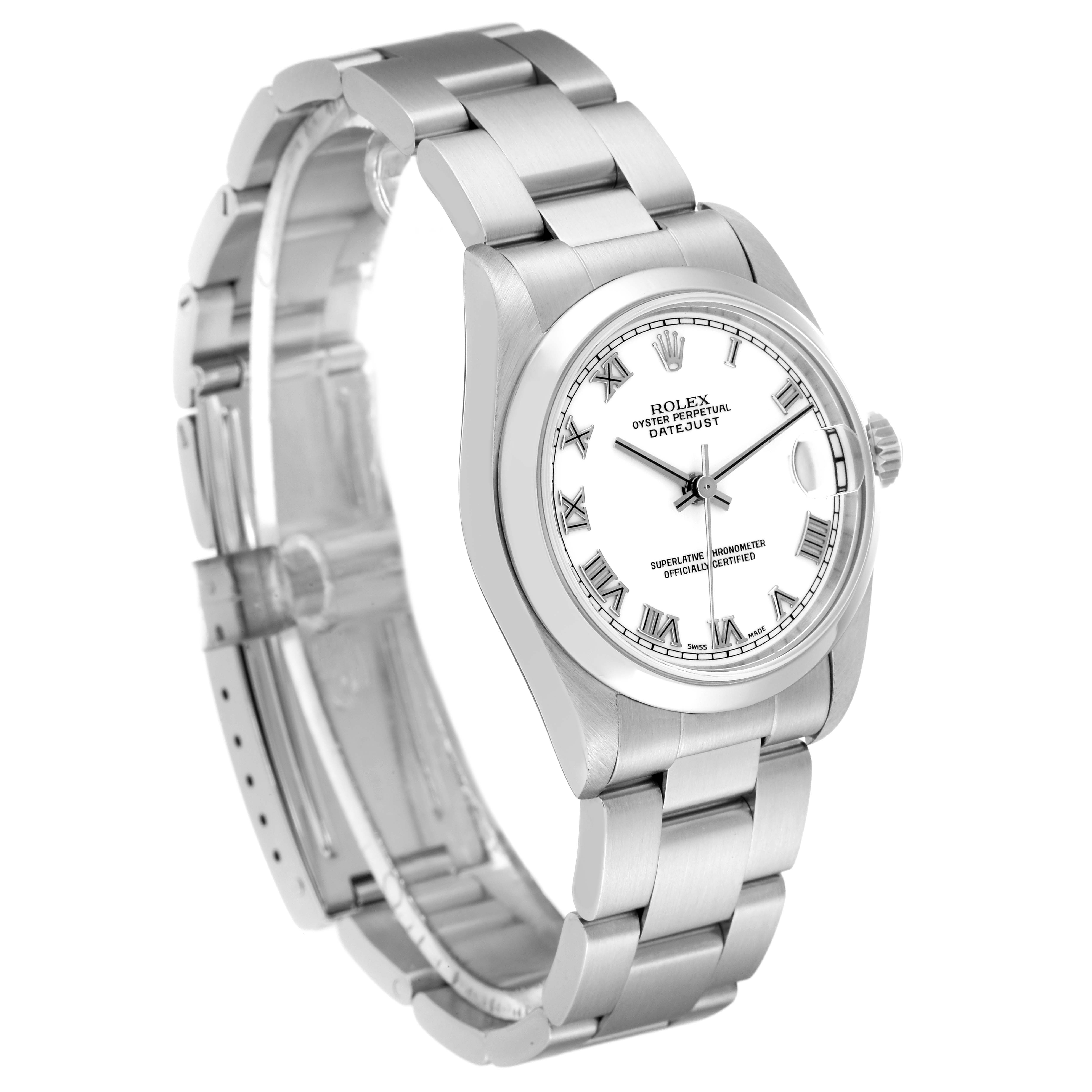 This image shows a side angle of a Rolex Mid-Size 68240 Women
s Stainless Steel White Dial 68240 Women
s Stainless Steel White Dial Oyster Perpetual Datejust watch, highlighting its band, clasp, case, and dial.