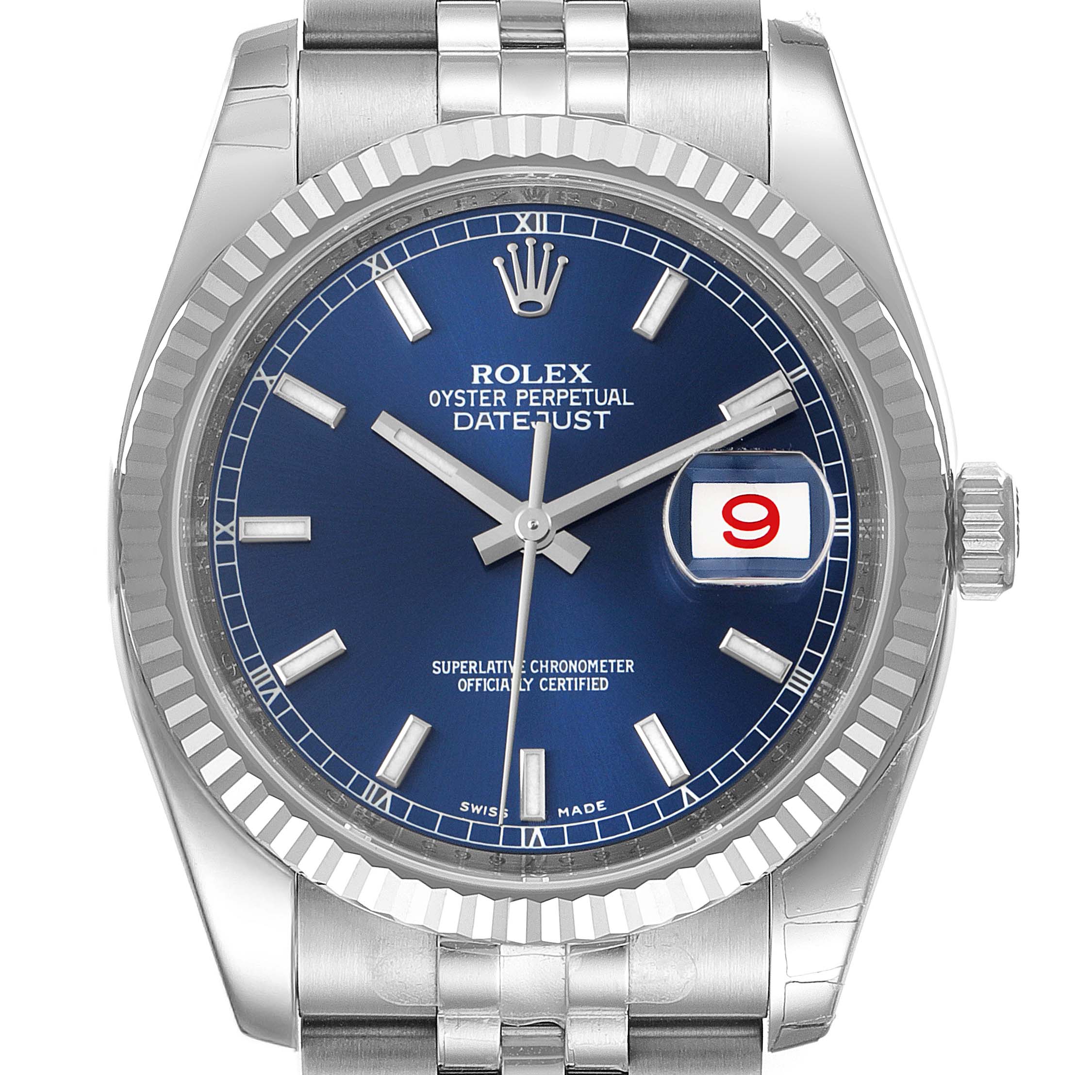 The image shows a frontal view of a Rolex Datejust 116234 Men's Stainless Steel Blue Dial 116234 Men's Stainless Steel Blue Dial watch displaying the dial, hands, and bracelet.