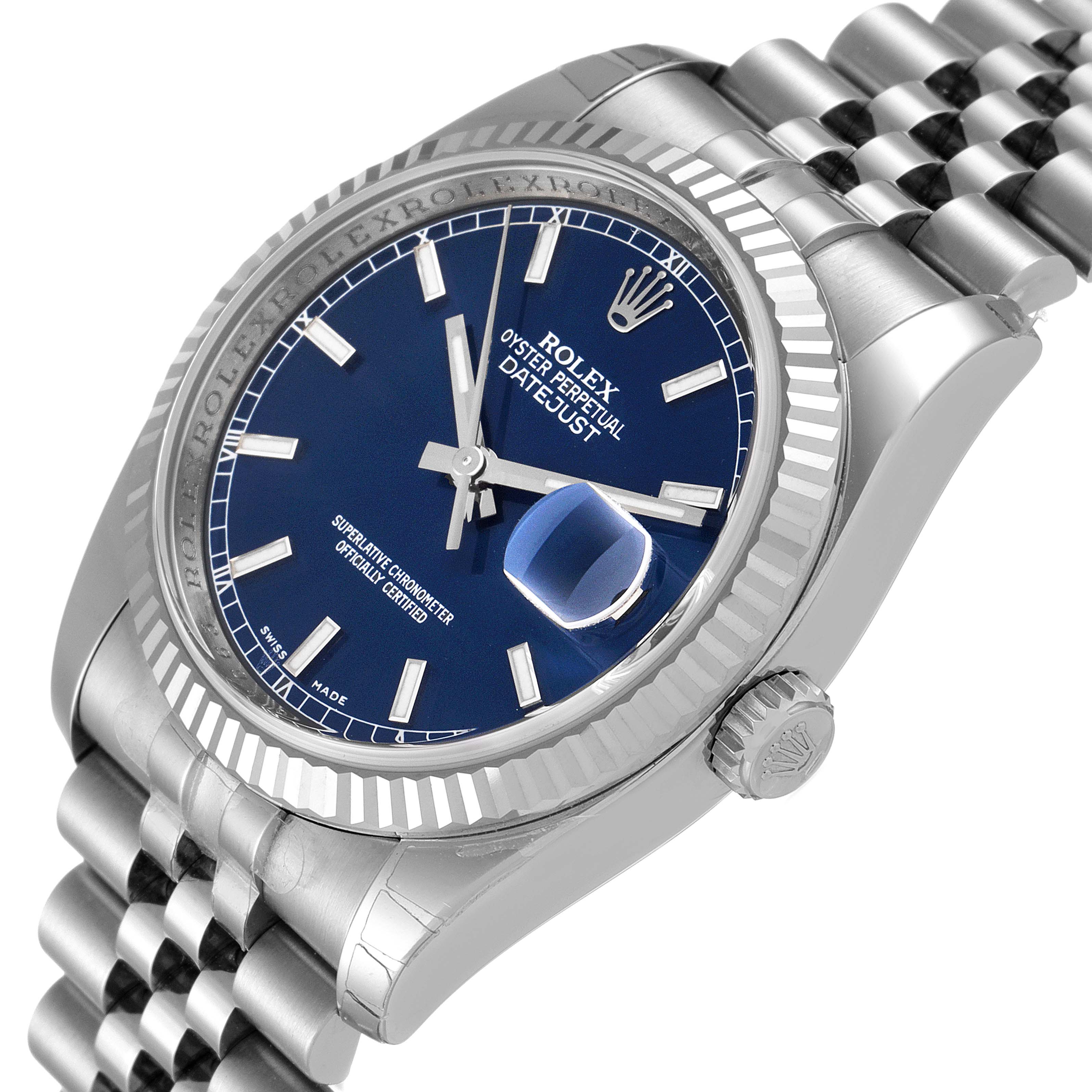 The image shows a close-up angled view of the Rolex Datejust 116234 Men's Stainless Steel Blue Dial 116234 Men's Stainless Steel Blue Dial watch, highlighting the face, bezel, crown, and part of the bracelet.