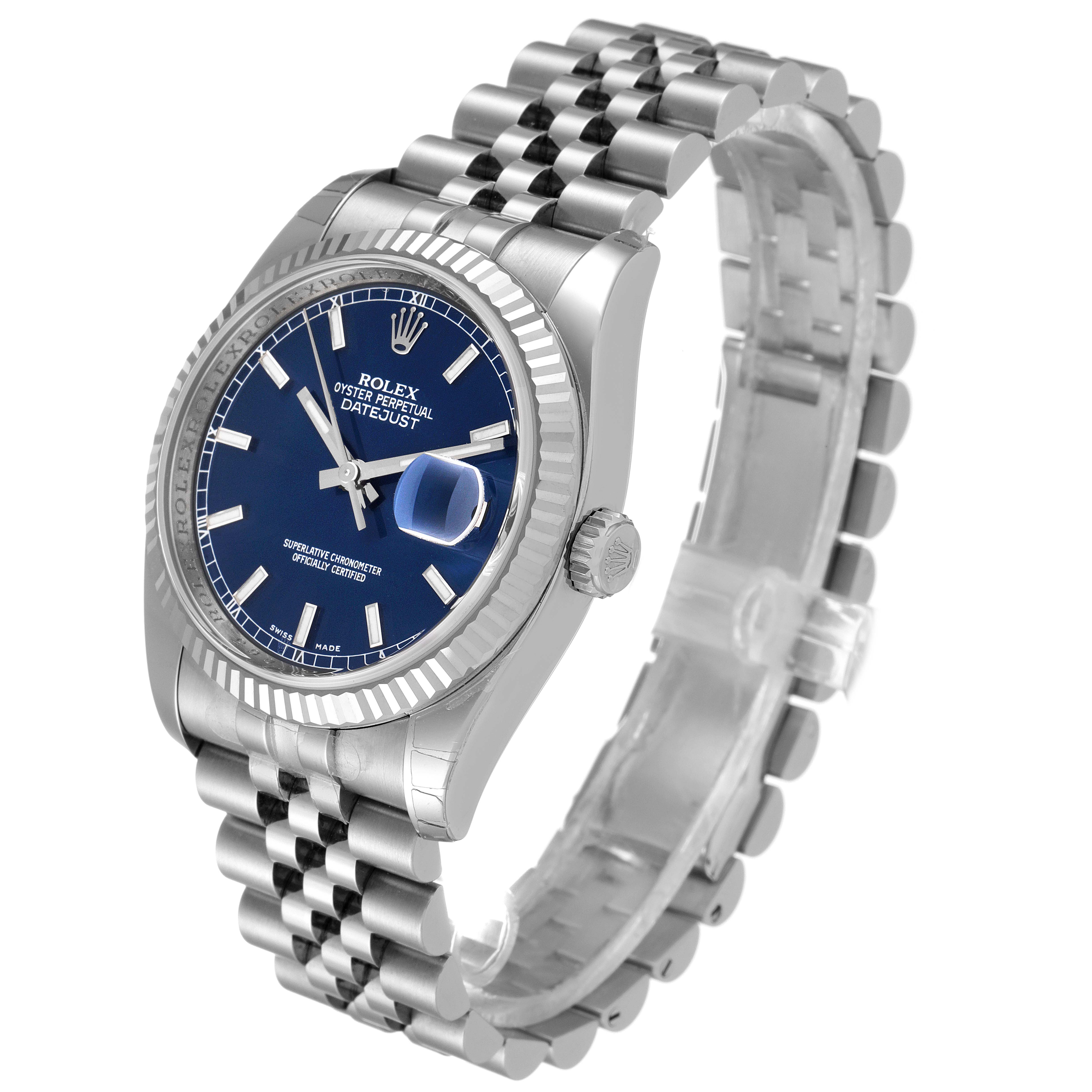 The Rolex Datejust 116234 Men's Stainless Steel Blue Dial 116234 Men's Stainless Steel Blue Dial watch is shown at a slight angle, displaying its blue dial, stainless steel case, and Jubilee bracelet.